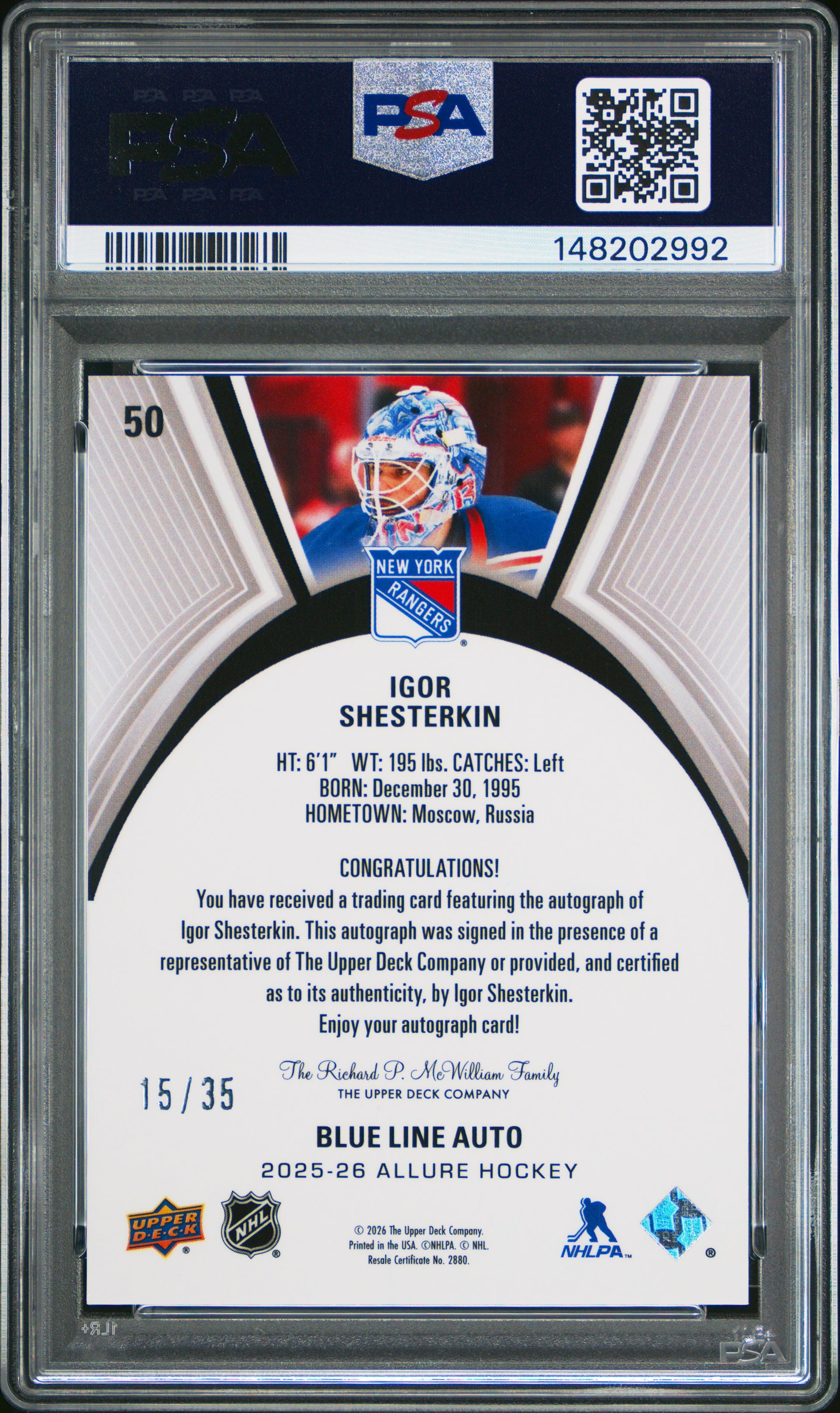 Igor Shesterkin 2025 Upper Deck Allure Blue Line Auto #15/25 PSA 10 Gem Mint