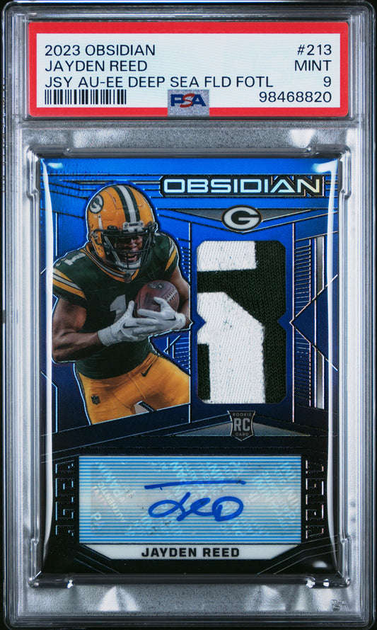 Jayden Reed 2023 Panini Obsidian Deep Sea Flood Rookie Patch Auto #3/3 PSA 9 Mint
