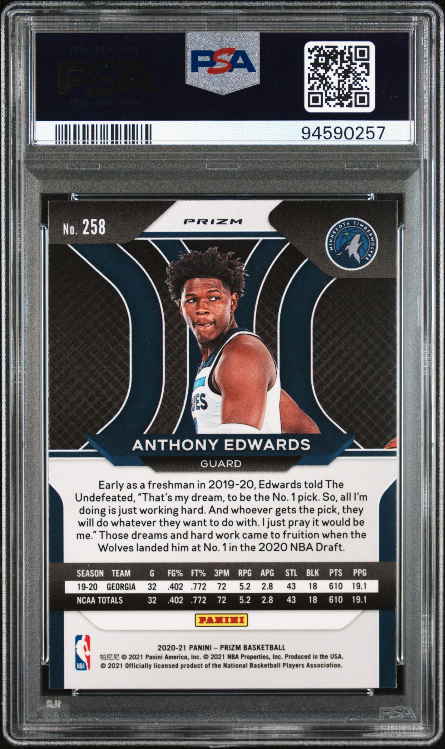 Anthony Edwards 2020 Panini Prizm Silver Prizm #258 PSA 9 Mint 0257