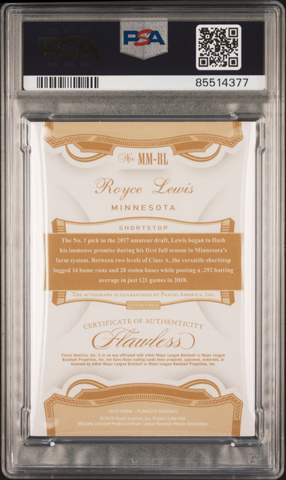 Royce Lewis 2019 Panini Flawless Memorable Marks Sapphire Auto #10/15 PSA 9 Auto 10