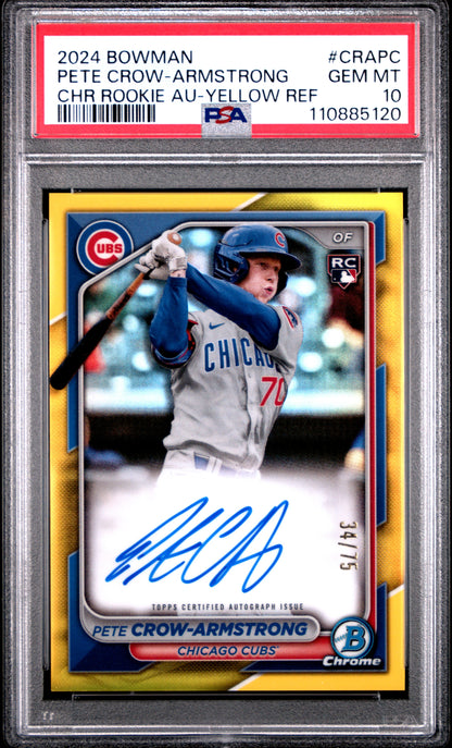Pete Crow-Armstrong 2024 Bowman Chrome Yellow Refractor Auto #34/75 PSA 10 Gem Mint