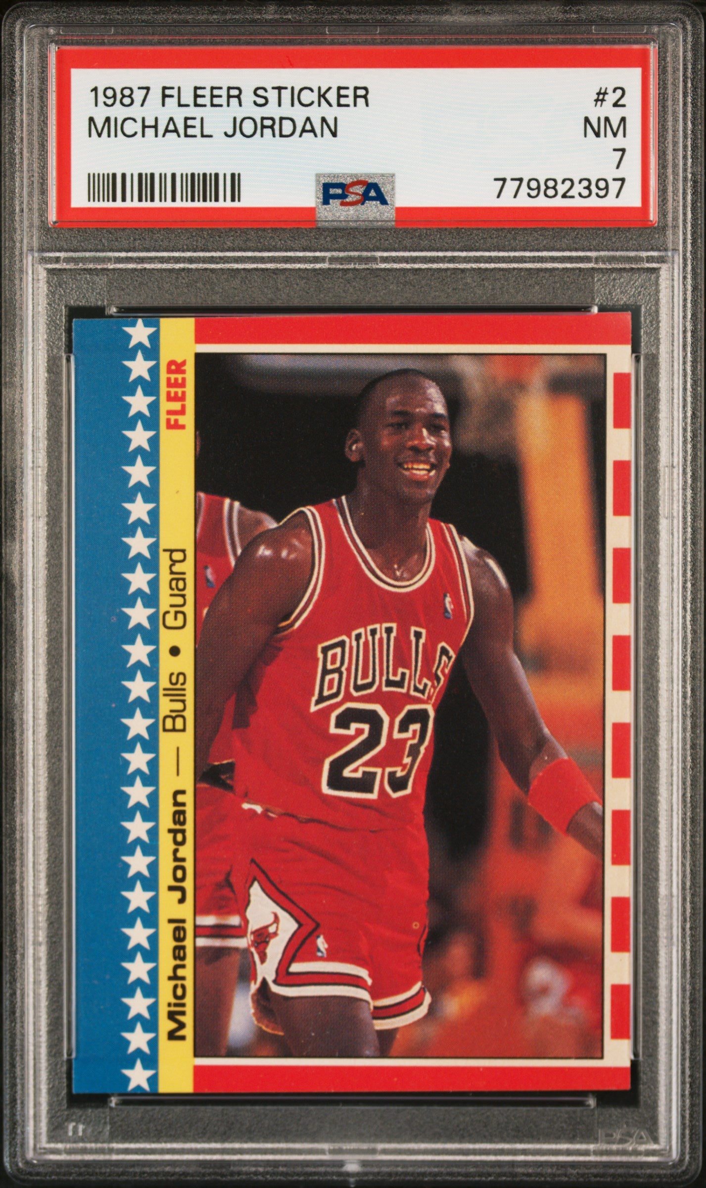 Michael Jordan 1987 Fleer Sticker #2 PSA 7 Near Mint – Three Stars