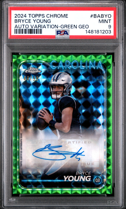 Bryce Young 2024 Topps Chrome Green Geometric Auto #44/99 PSA 9 Mint