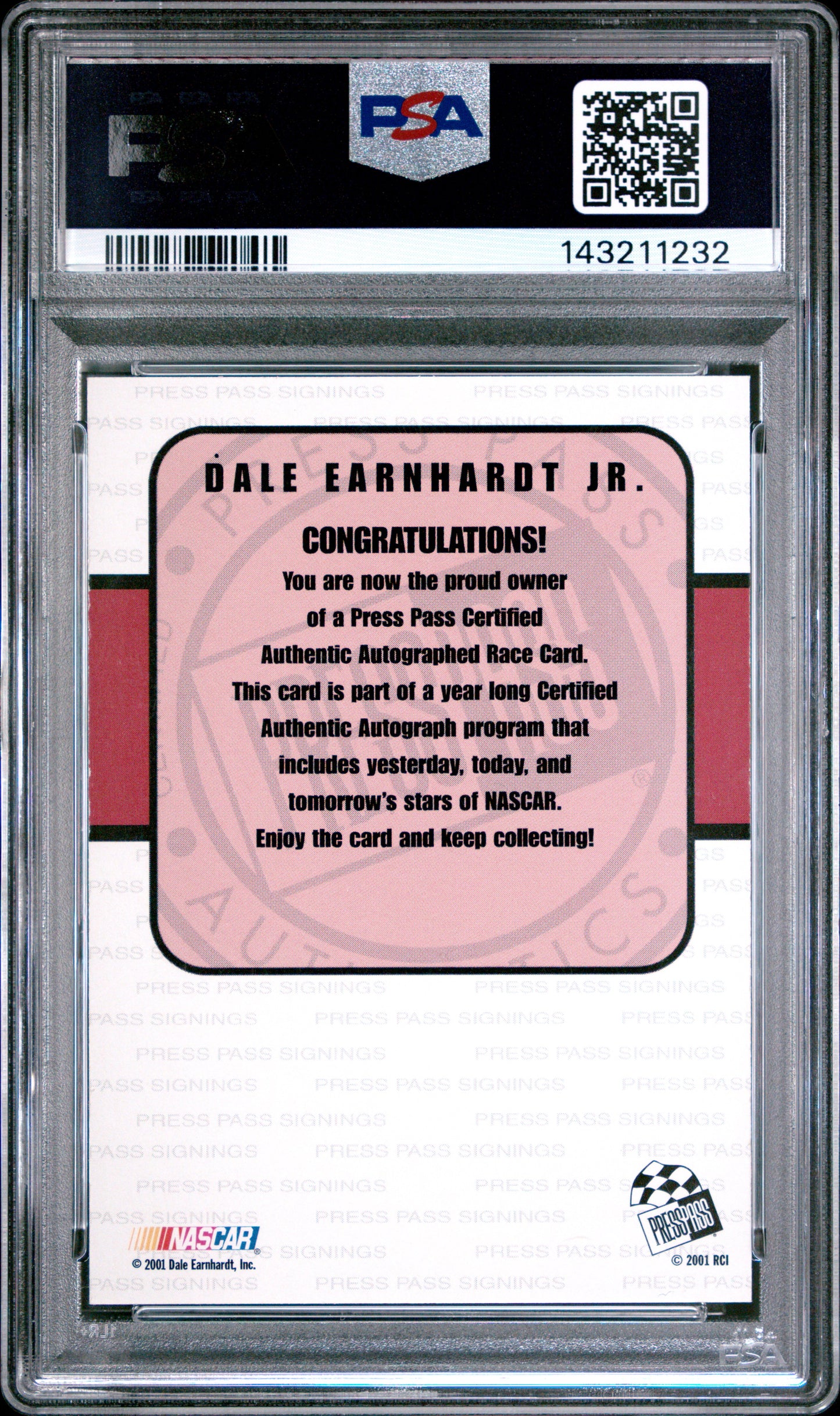 Dale Earnhardt Jr. 2001 Press Pass Signings Auto PSA 9 Mint
