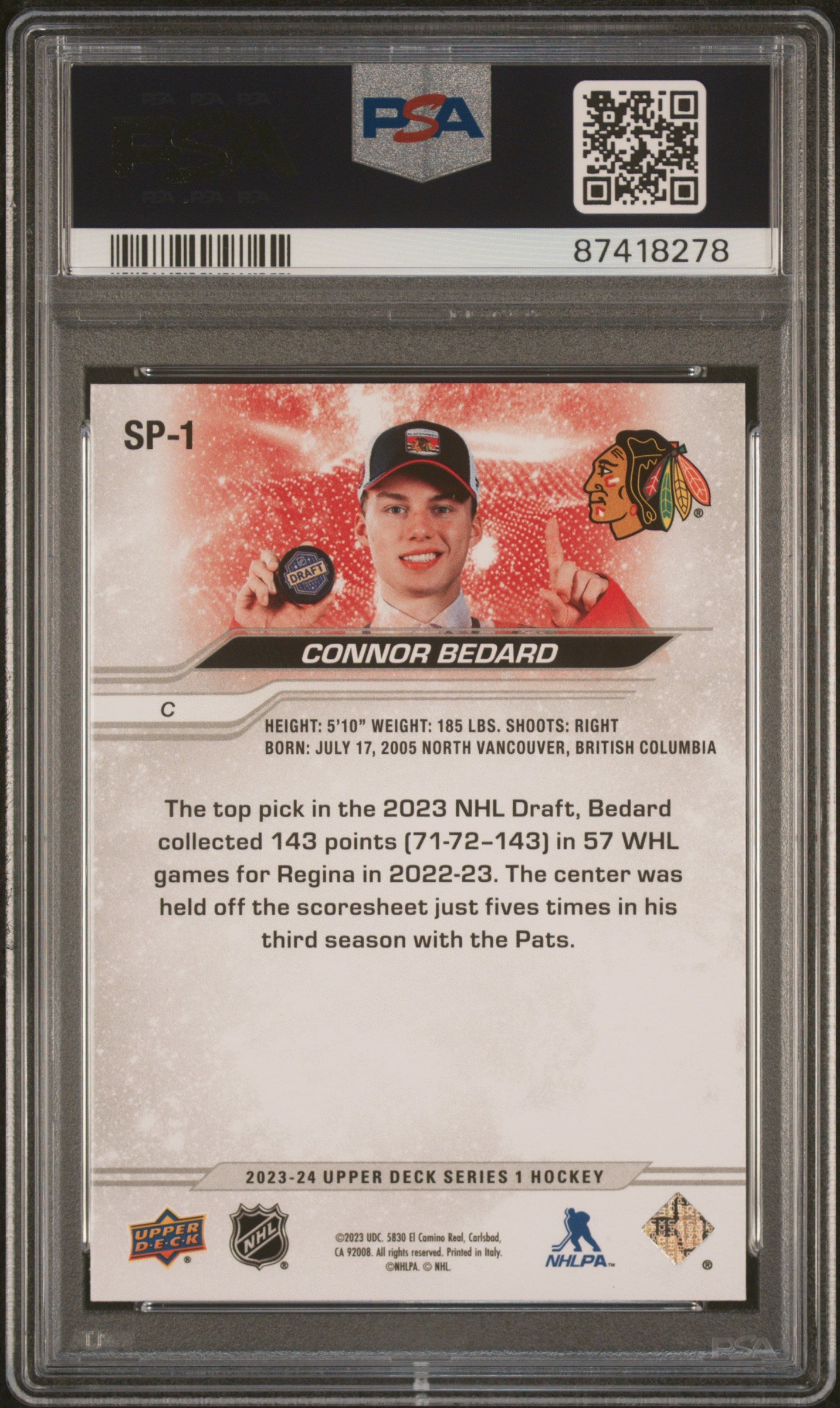 Connor Bedard 2023 Upper Deck NHL Draft SP #SP1 PSA 9 Mint