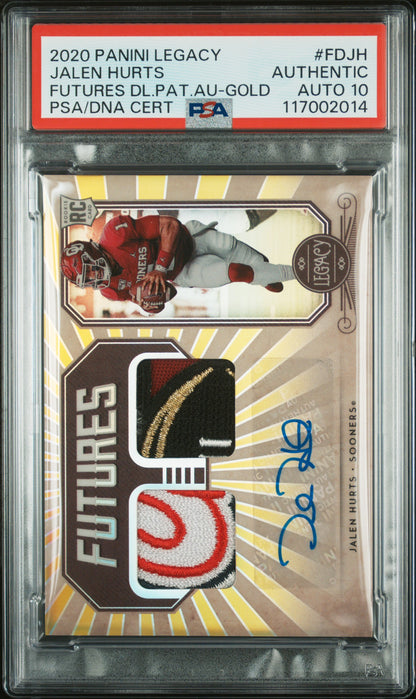 Jalen Hurts 2020 Panini Legacy Futures Dual Patch Auto #4/10 PSA Auth Auto 10