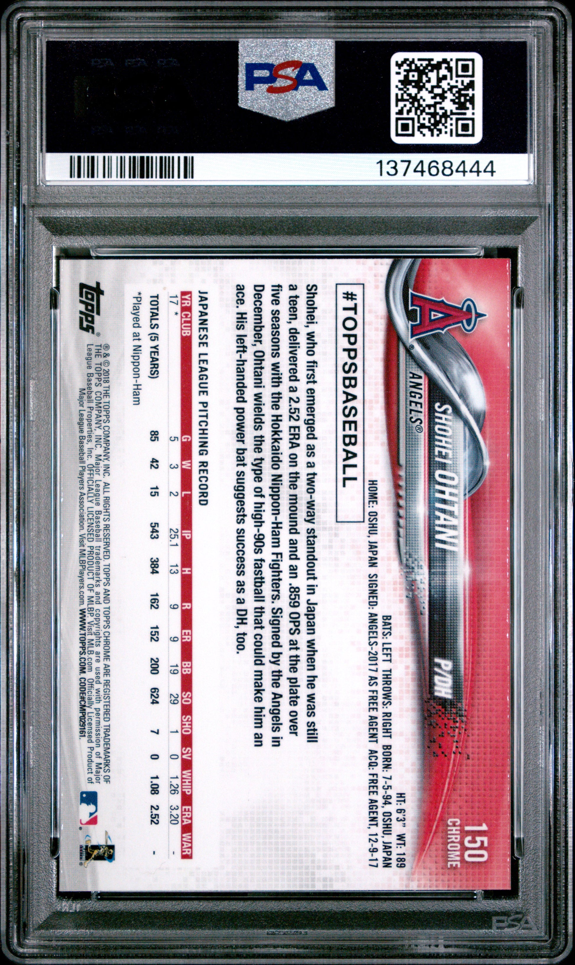 Shohei Ohtani 2018 TOpps Chrome Rookie #150 PSA 10 Gem Mint 8444