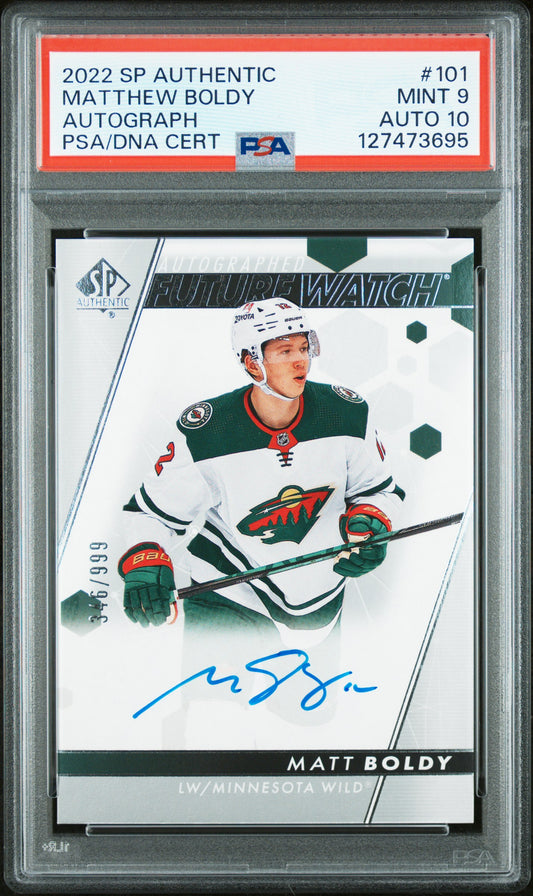 Matt Boldy 2022 SP Authentic Future Watch Rookie Auto #346/999 PSA 9 Auto 10