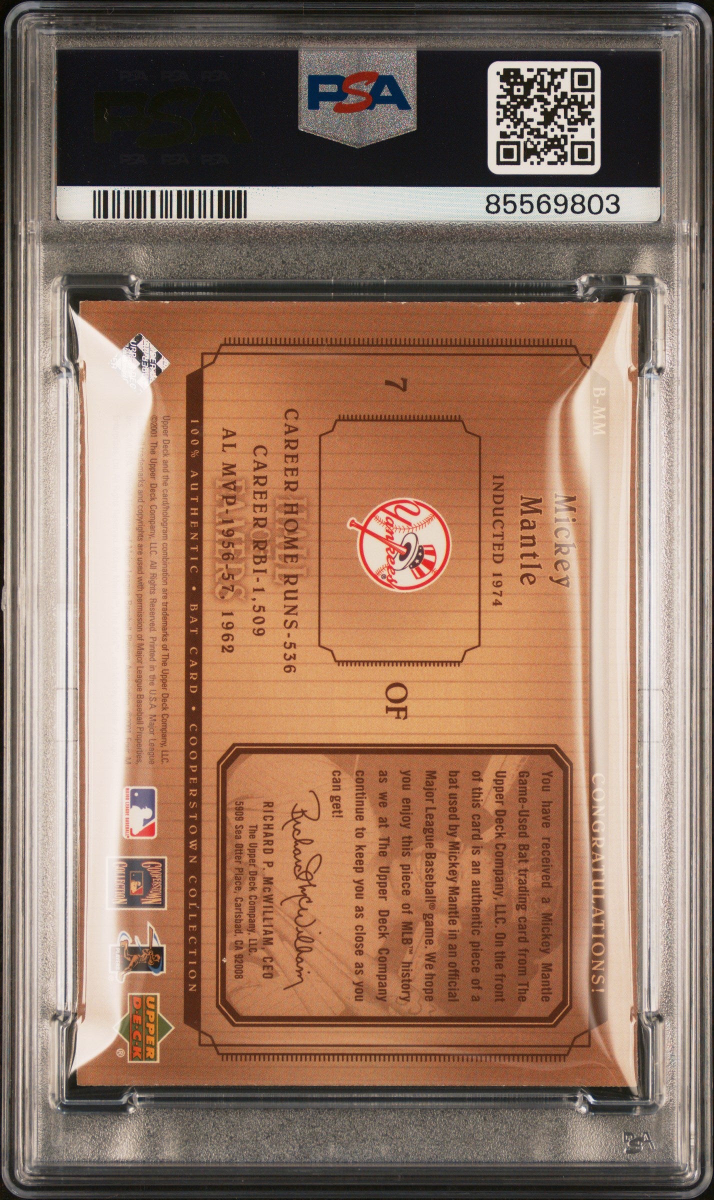 Mickey Mantle 2001 Upper Deck Hall of Famers Bat PSA Authentic