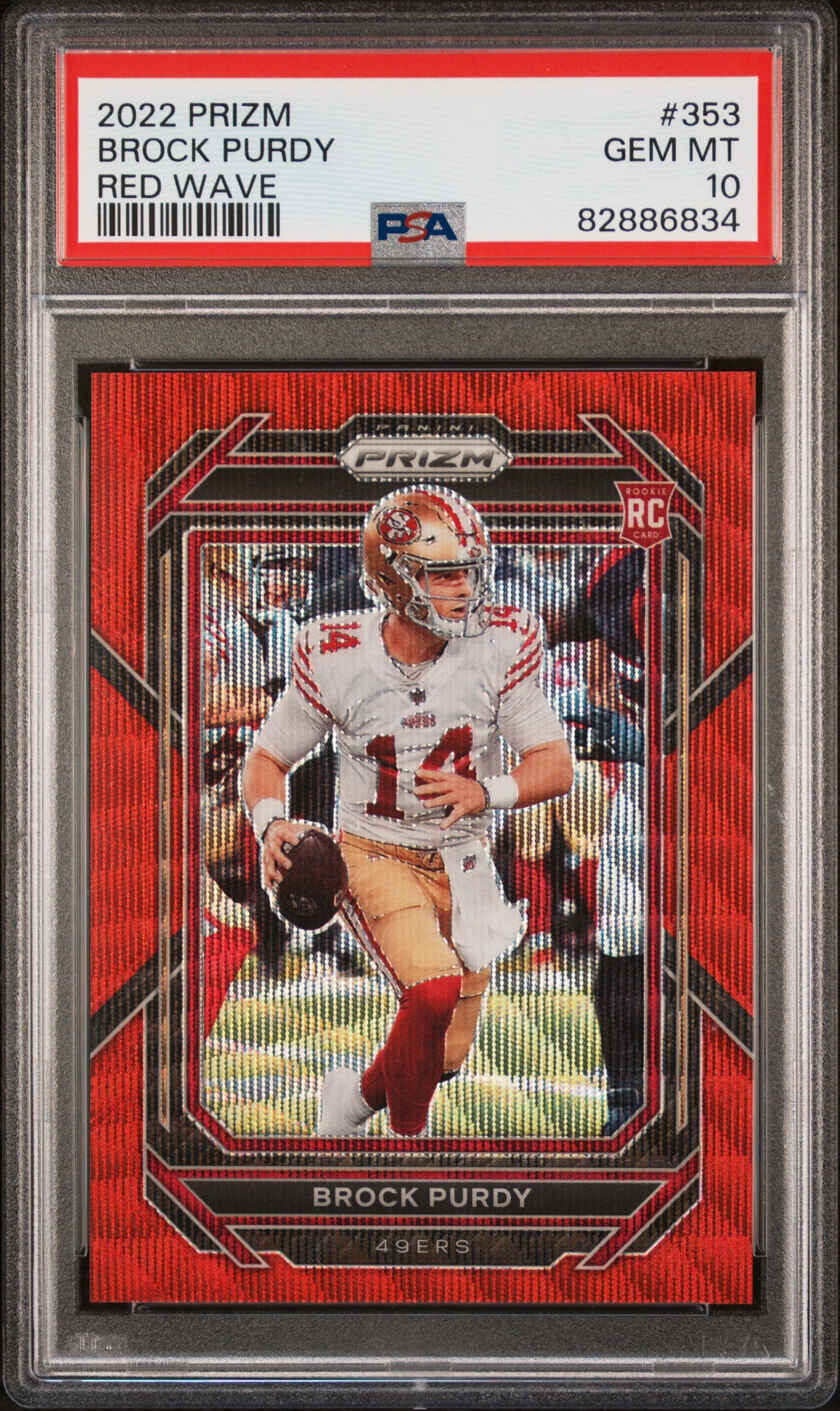 Brock Purdy 2022 Panini Prizm Rookie #353 Red Wave #13/149 Jersey Number PSA 10 Gem Mint
