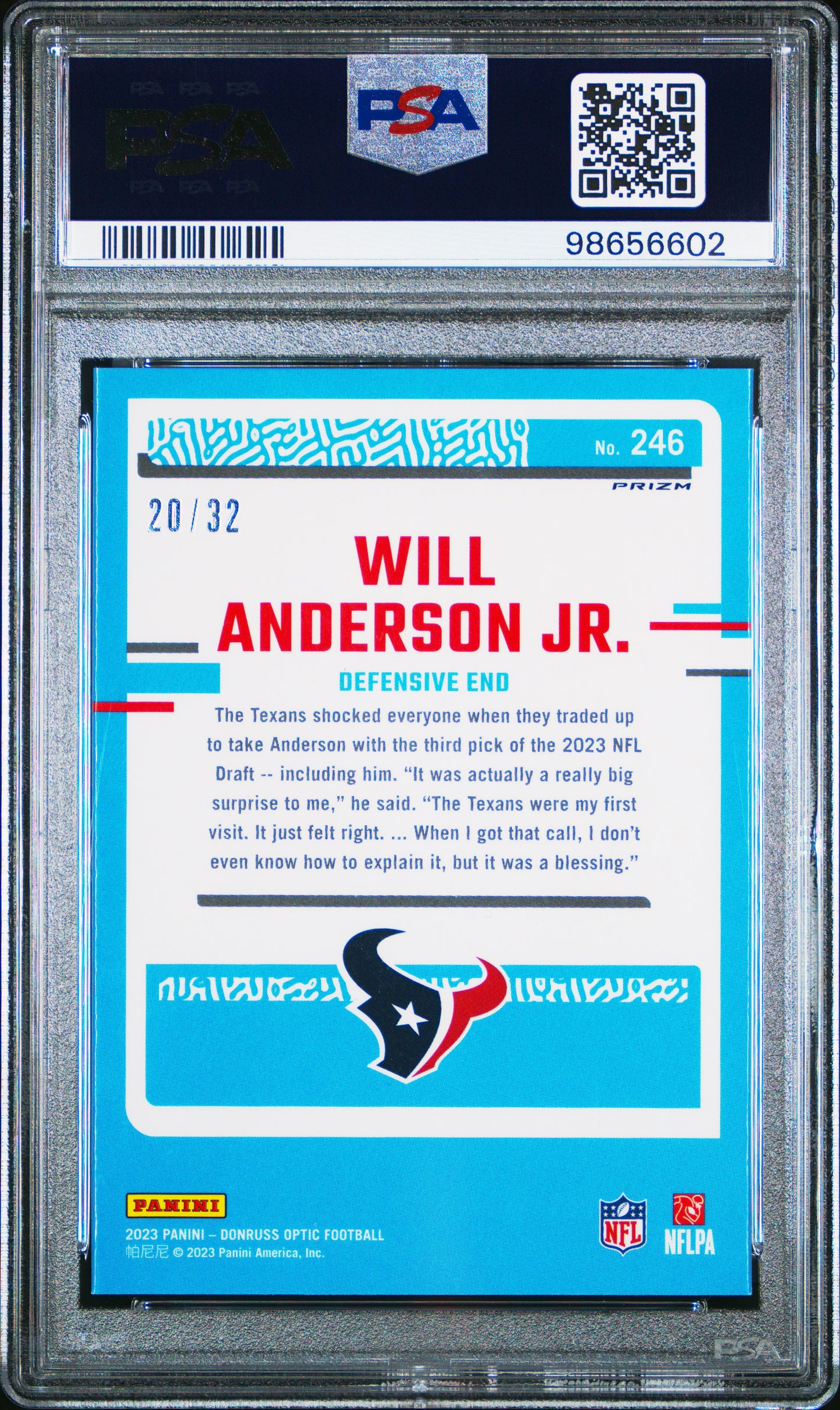 Will Anderson 2023 Donruss Optic Rookie #246 Shield Parallel #20/32 PSA 10 Gem Mint