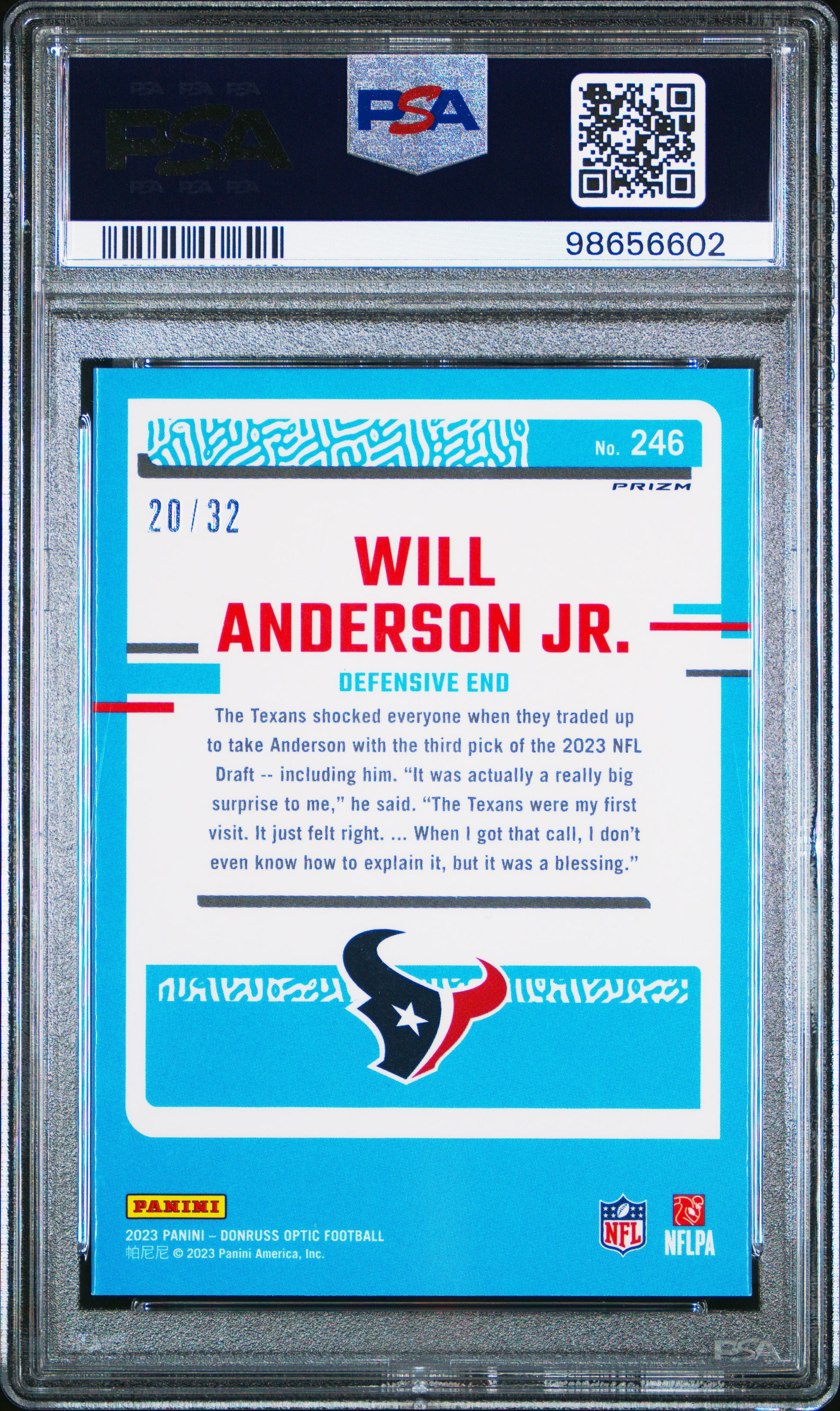Will Anderson 2023 Donruss Optic Rookie #246 Shield Parallel #20/32 PSA 10 Gem Mint