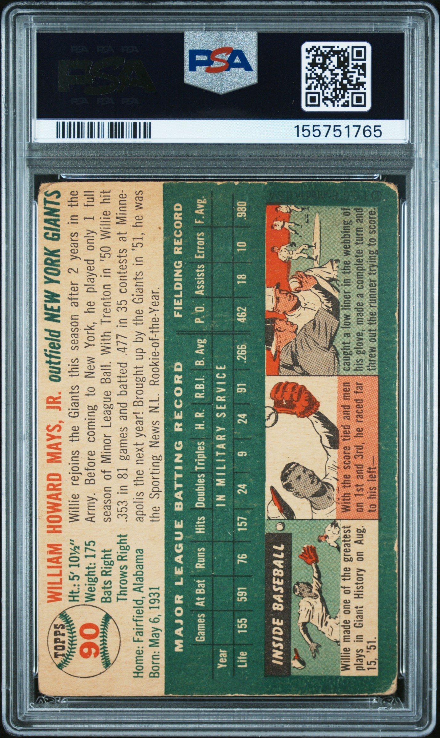 Willie Mays 1954 Topps #90 PSA 1 Poor 1765