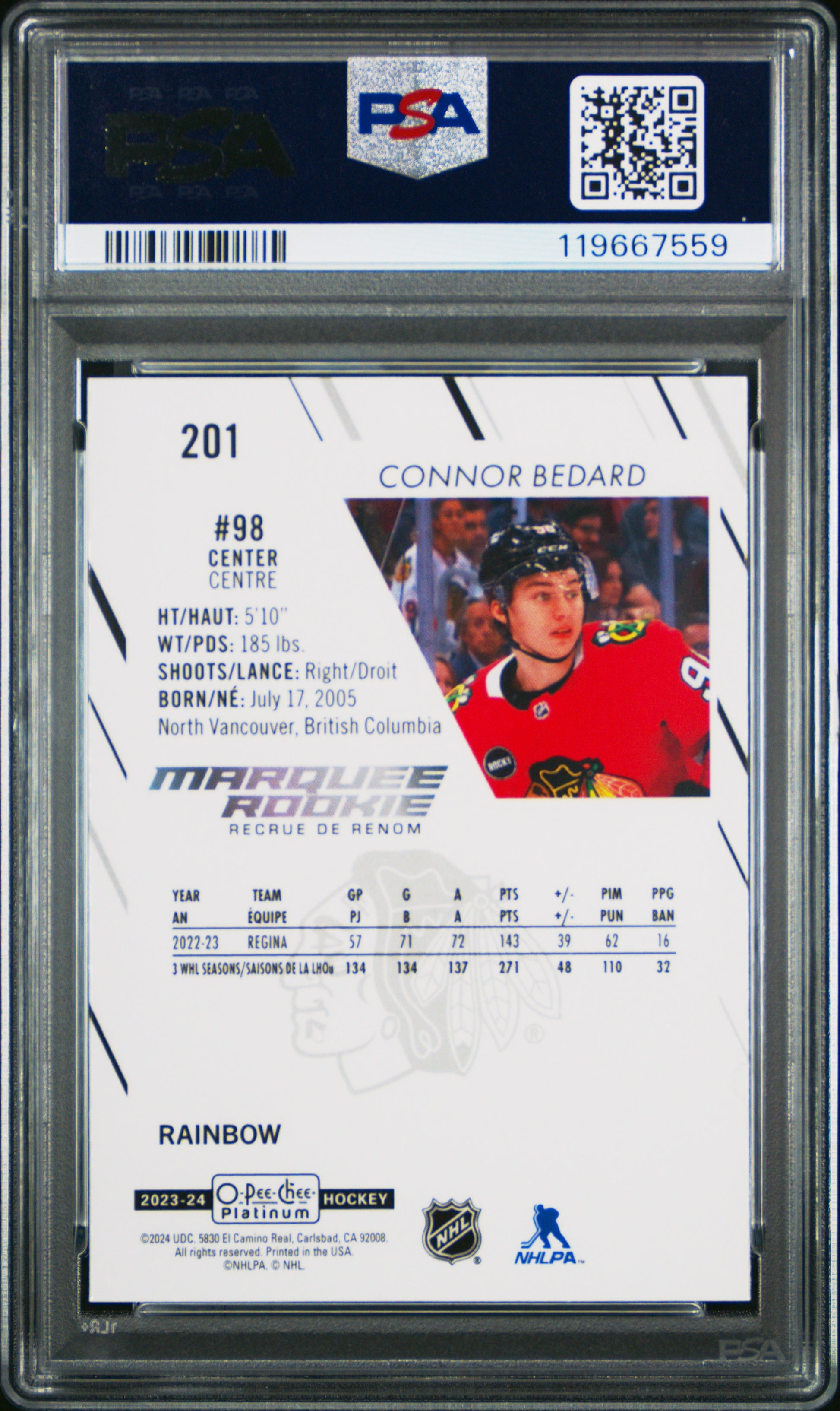 Connor Bedard 2023 OPC Platinum Rookie #201 Rainbow PSA 10 Gem Mint