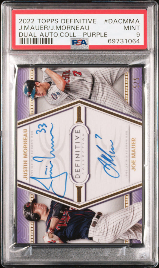 Joe Mauer/Justin Morneau 2022 Topps Definitive Dual Auto Purple #5/5 PSA 9 Mint