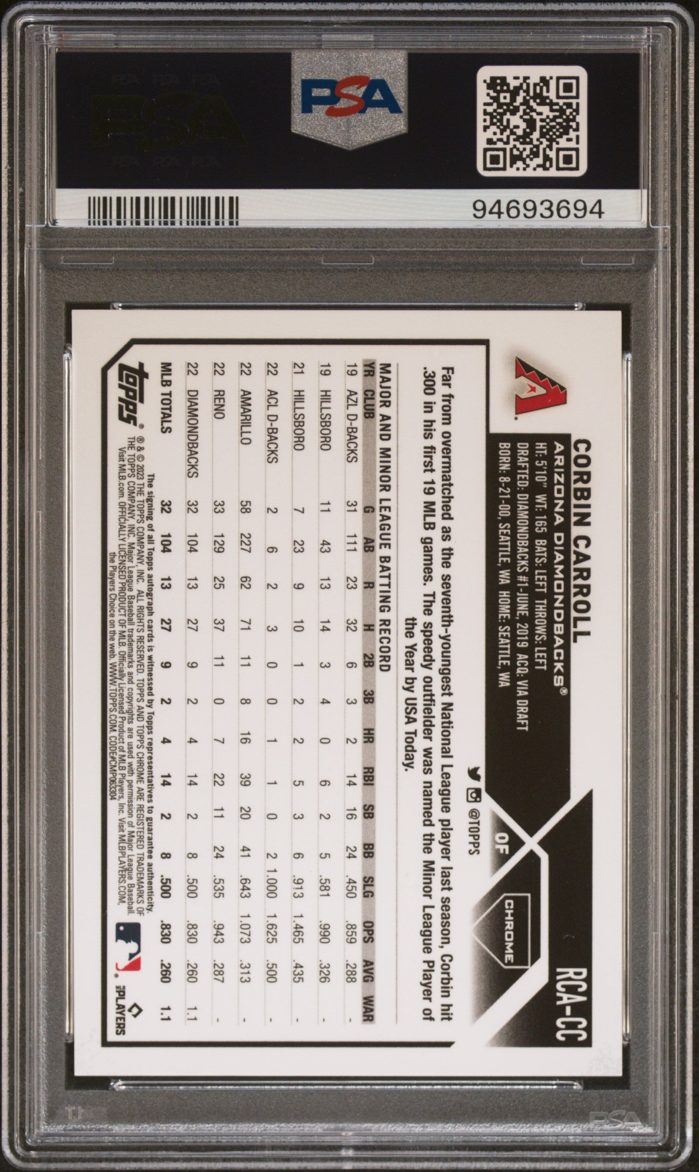 Corbin Carroll 2023 Topps Chrome Logofractor Auto PSA 9 Mint