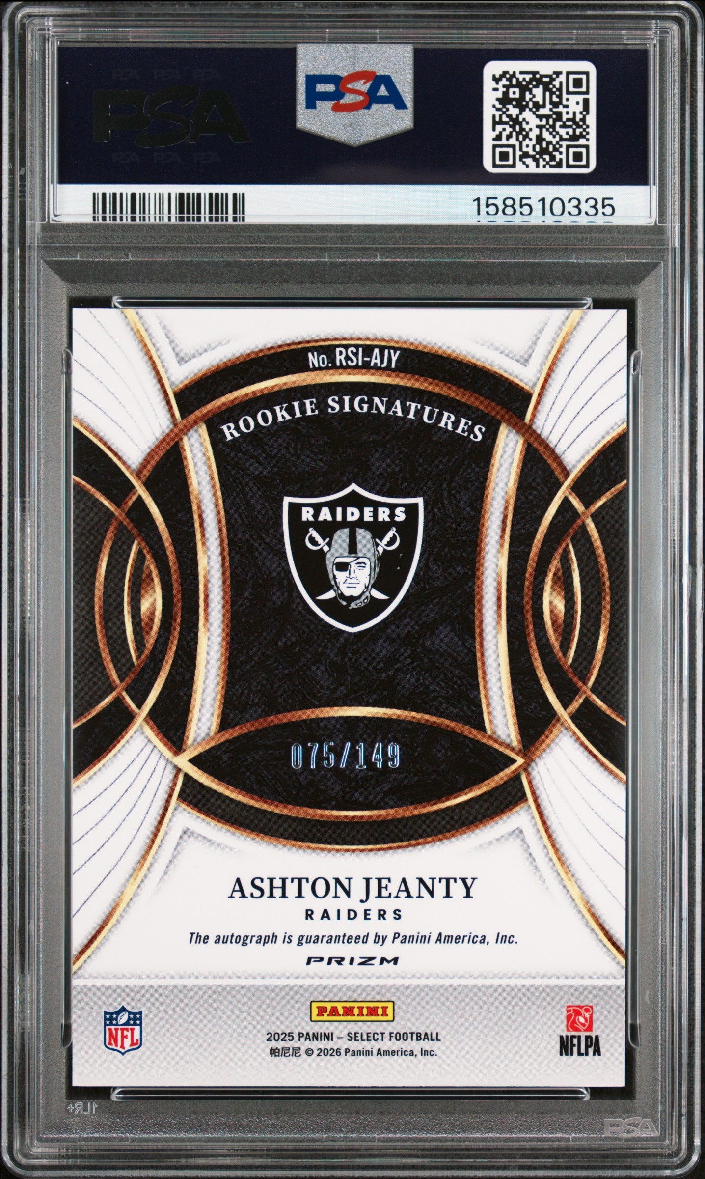 Ashton Jeanty 2024 Panini Select Rookie Signatures Blue Auto #75/149 PSA 10 Gem Mint