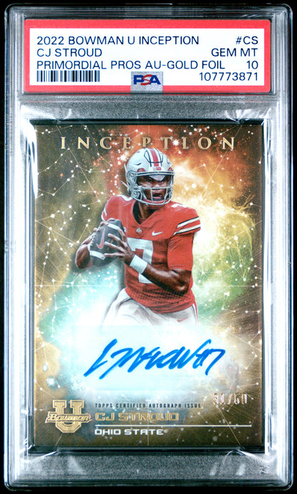 CJ Stroud 2022 Bowman U Inception Primordial Gold Foil Auto #31/50 PSA 10 Gem Mint