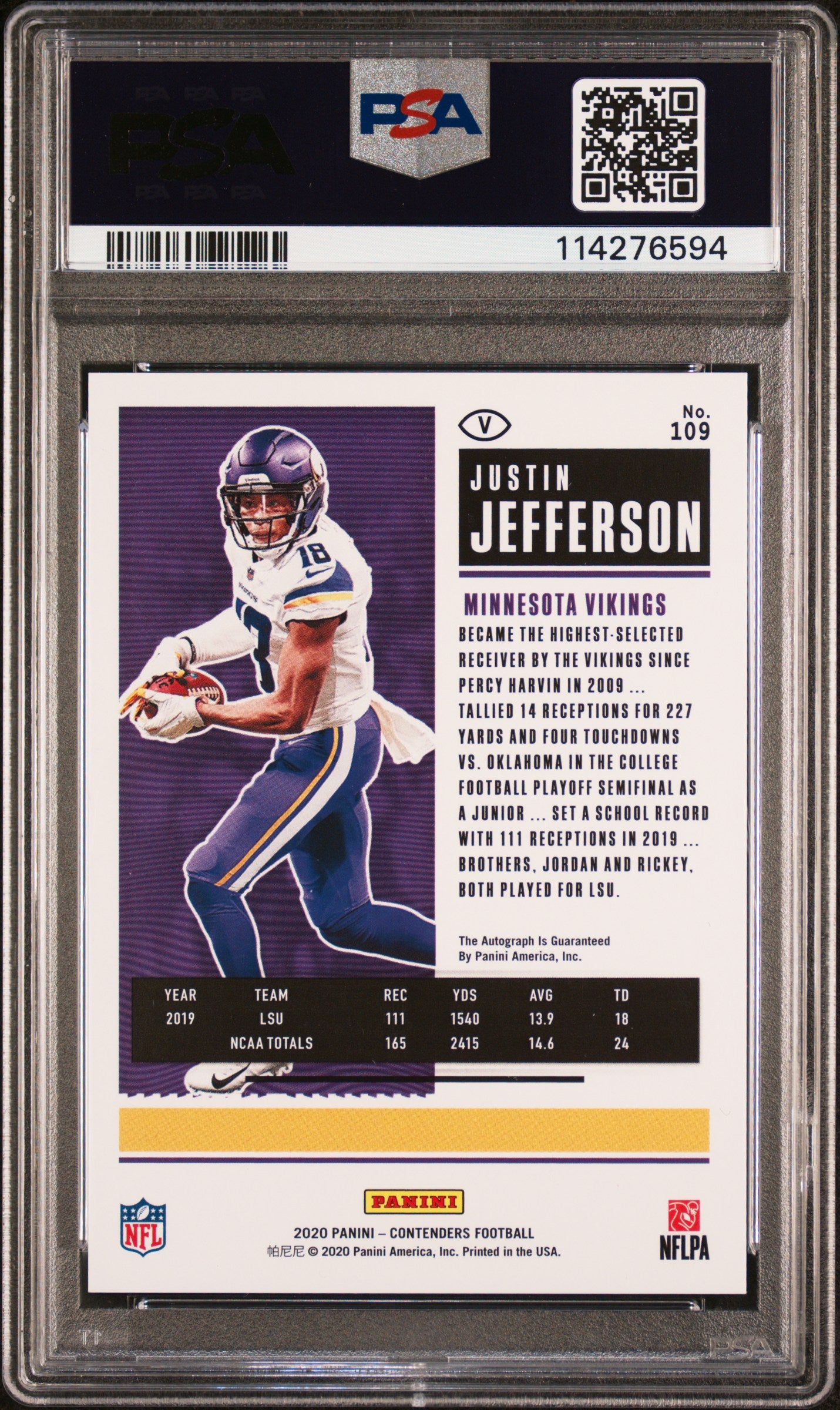 Justin Jefferson 2020 Panini Contenders Playoff Auto #9/49 PSA 9 Auto 10