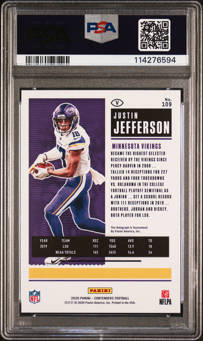 Justin Jefferson 2020 Panini Contenders Playoff Auto #9/49 PSA 9 Auto 10
