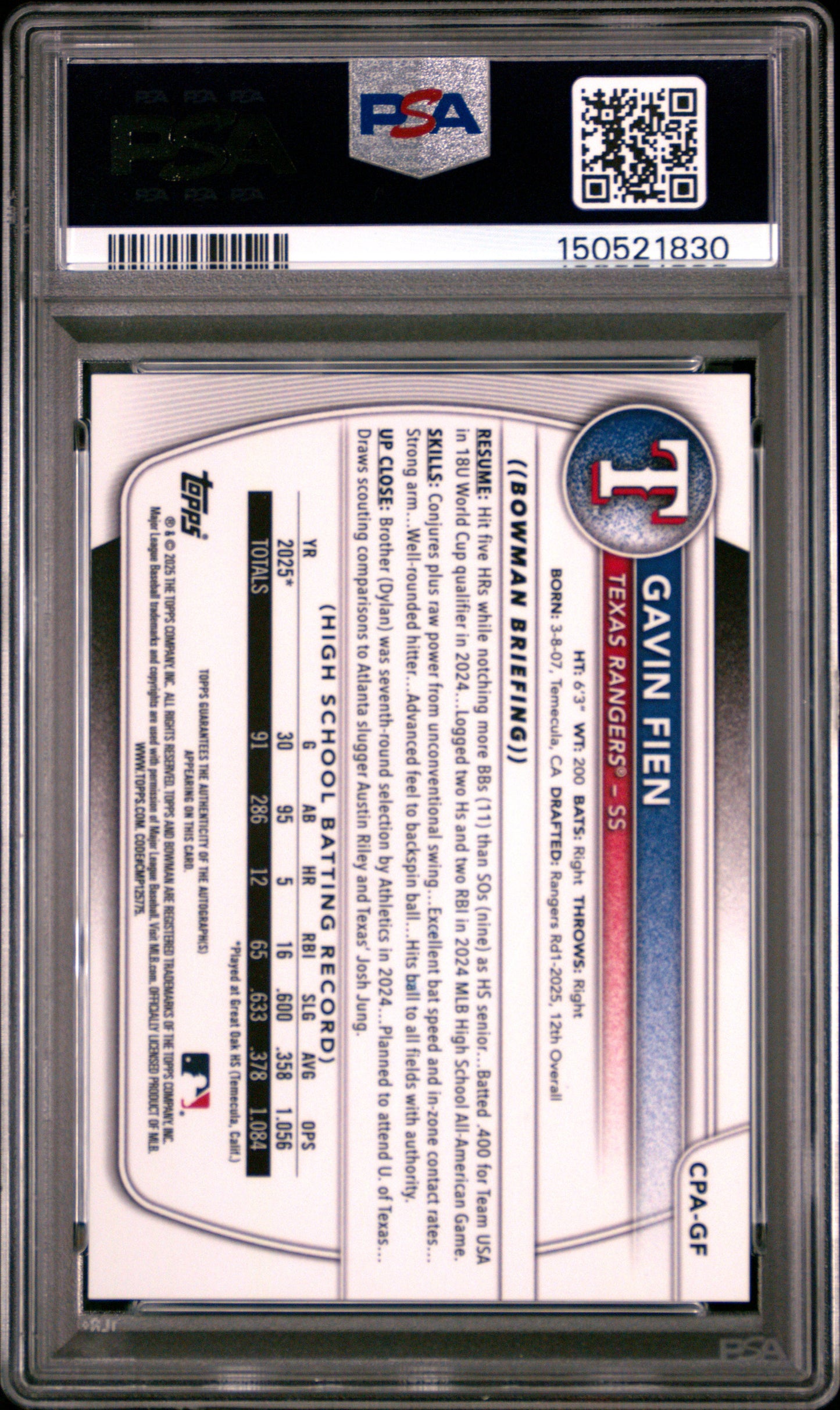 Gavin Fein 2025 Bowman Chrom Draft Aqua Lava Refactor Auto #90/199 PSA 10 Gem Mint