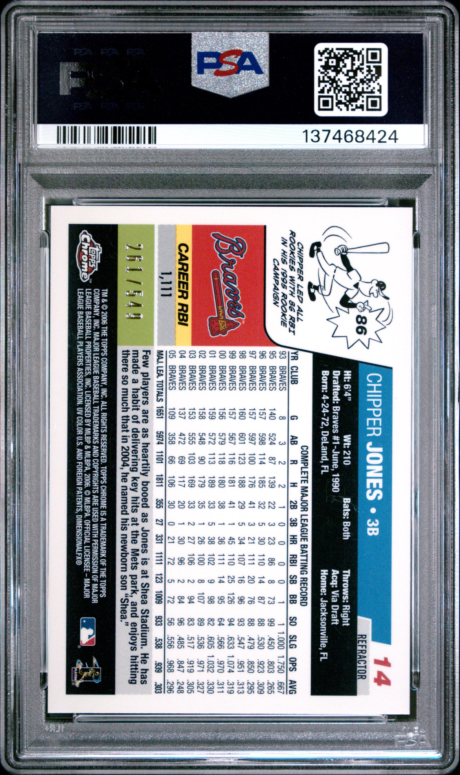 Chipper Jones 2006 Topps Chrome #14 Black Refractor #261/549 PSA 9 Mint