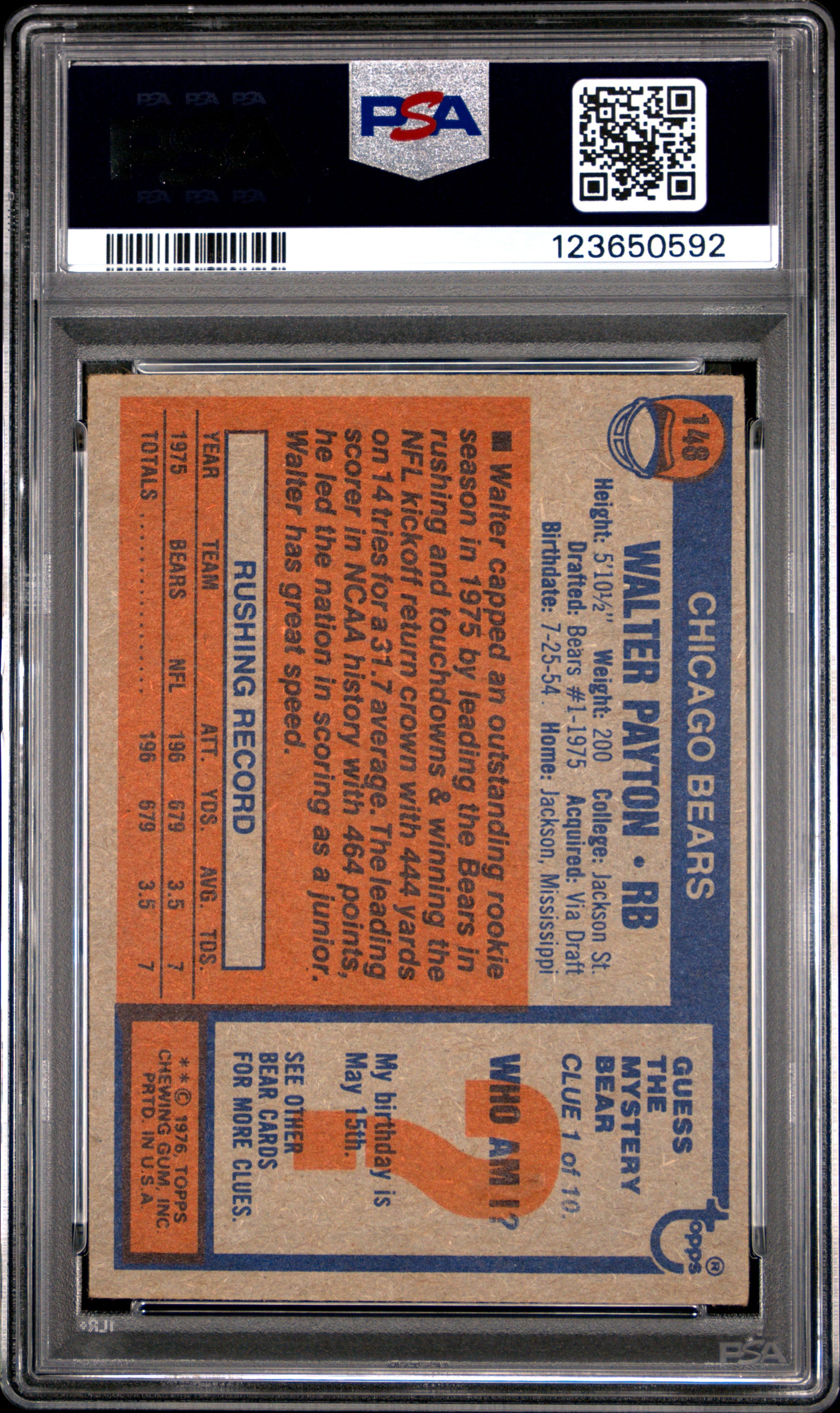 Walter Payton 1976 Topps #148 Rookie PSA 3 Very Good 0592