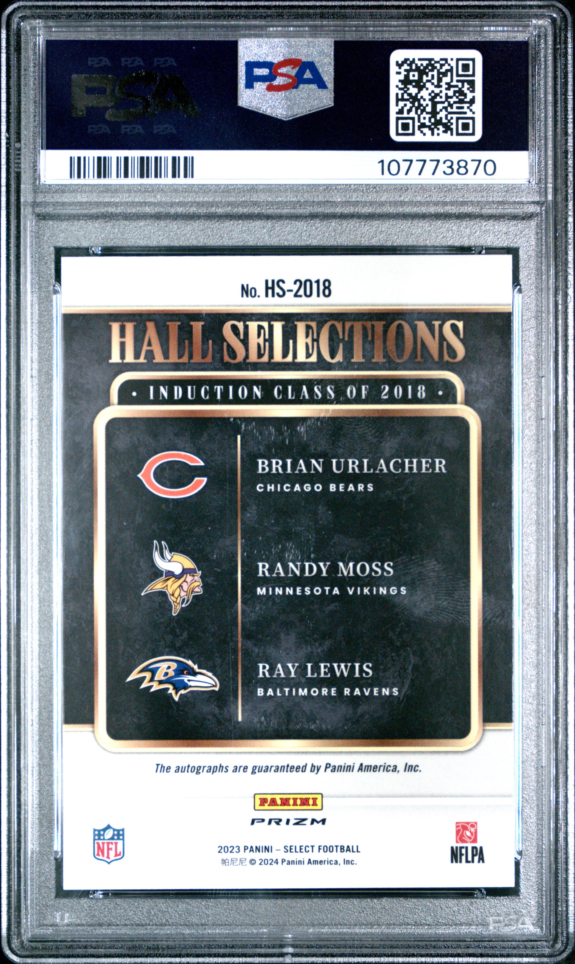 Brian Urlacher + Randy Moss + Ray Lewis 2023 Select Hall Selections Auto PSA 10 Gem Mint