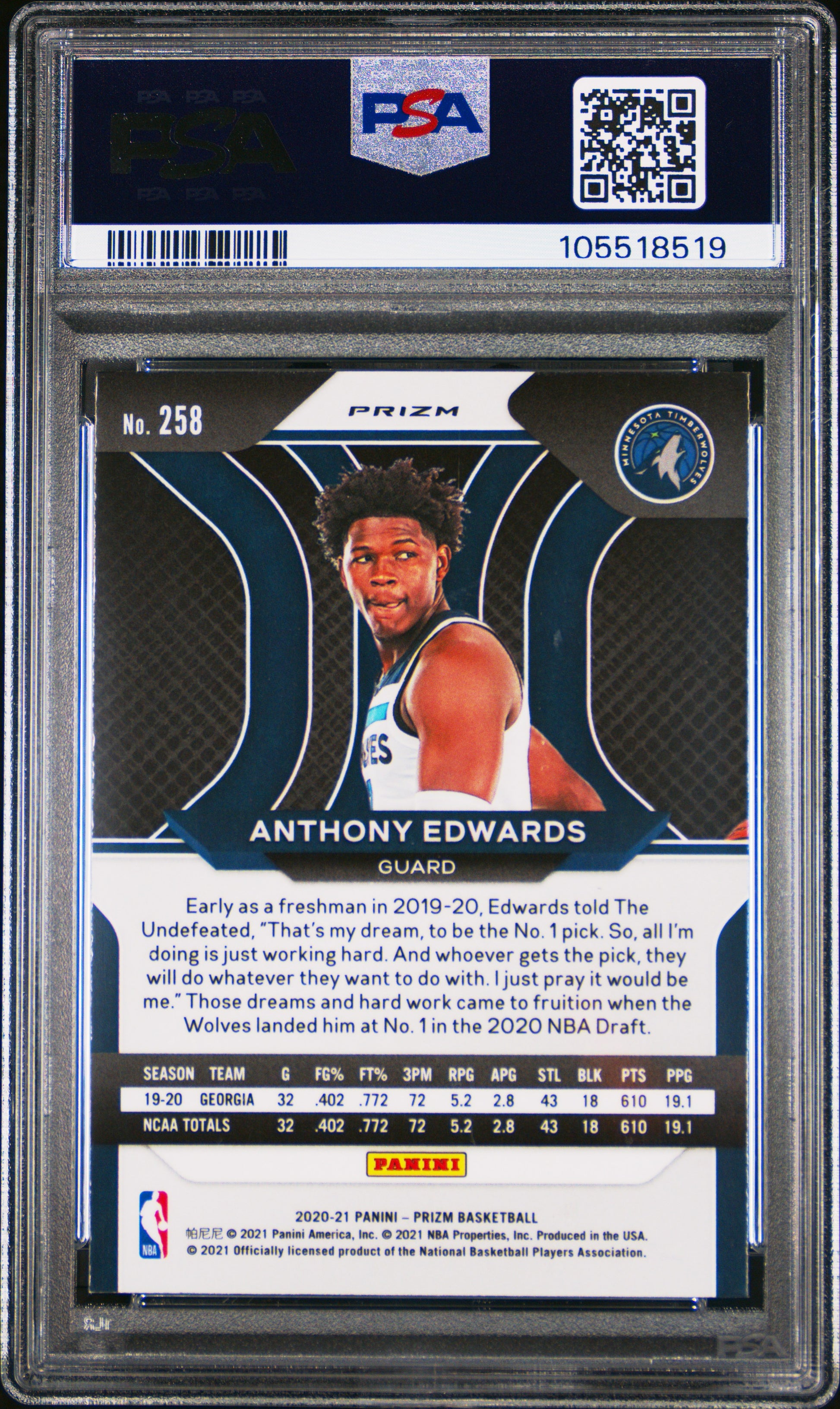 Anthony Edwards 2020 Panini Prizm #258 Silver Prizm PSA 9 Mint