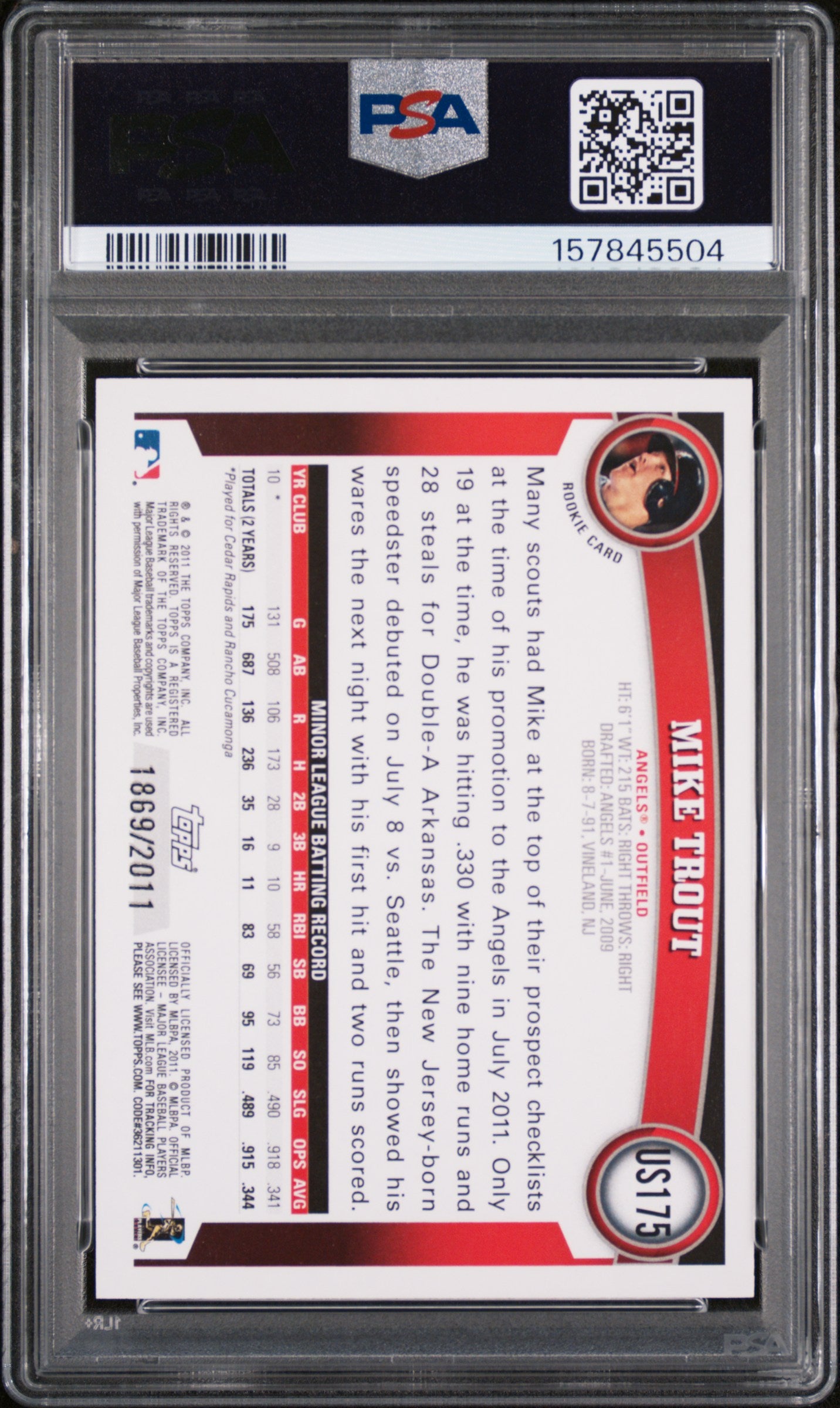 Mike Trout 2011 Topps Update #US175 Gold #1869/2011 PSA 9 Mint