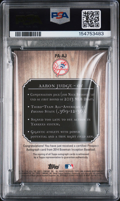 Aaron Judge 2014 Bowman Inception Prospect Auto PSA 9 Mint 3483