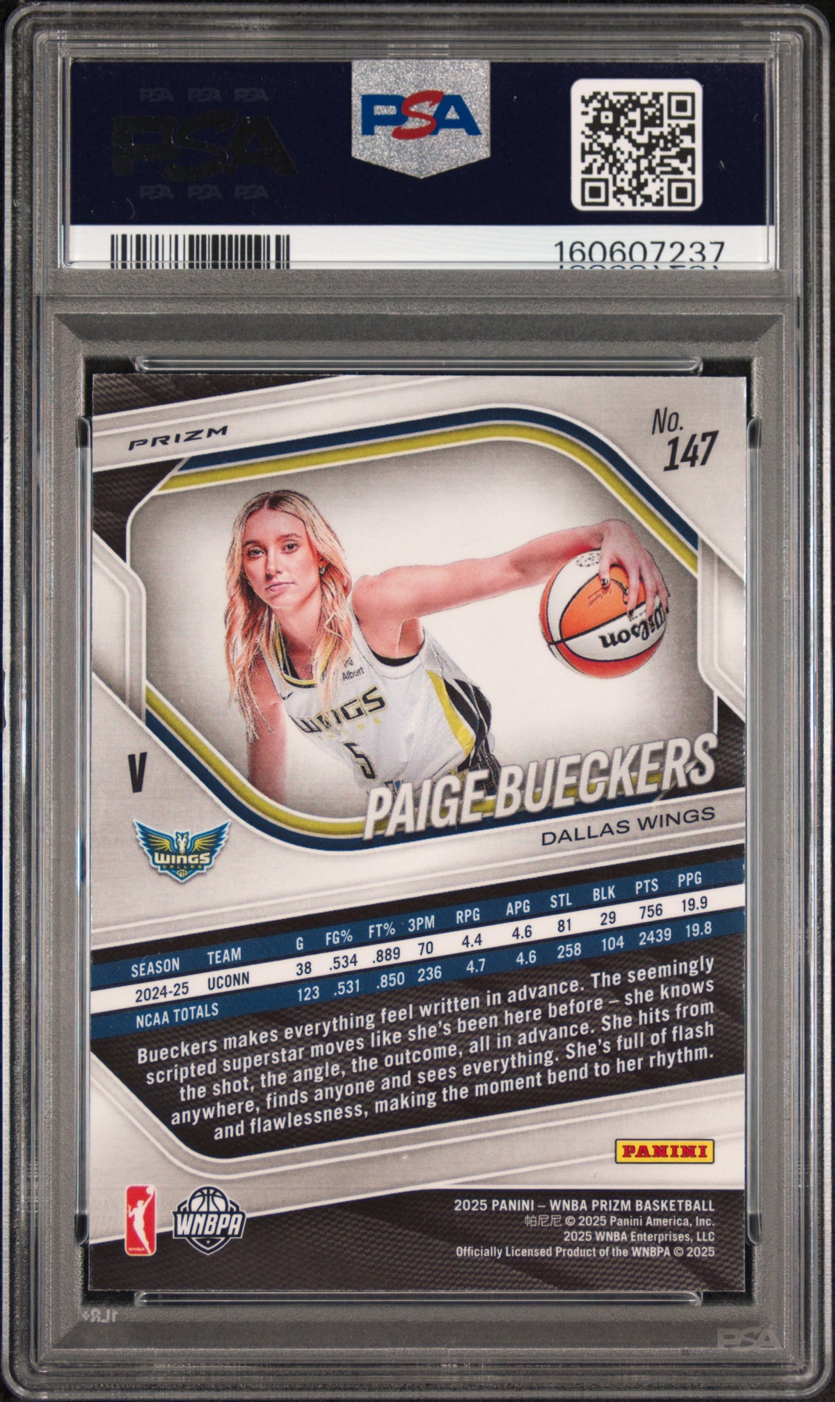 Paige Bueckers 2025 Panini Prizm WNBA Rookie #147 WNBA Logo PSA 9 Mint
