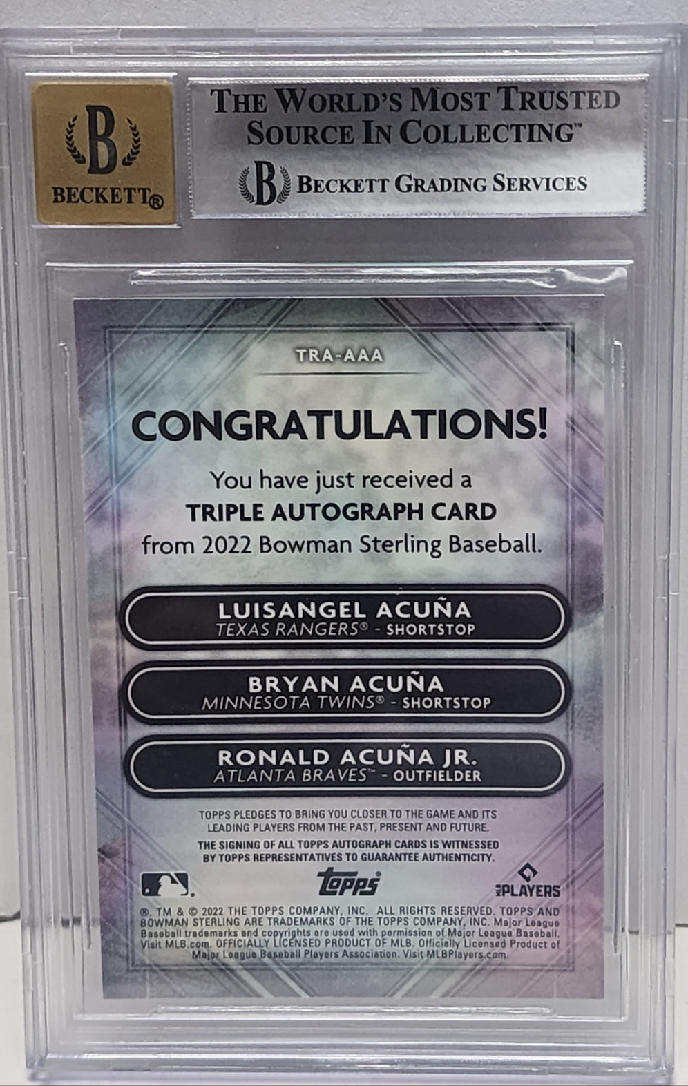 Luisangel Bryan and Ronald Acuna Jr. 2022 Bowman Sterling Triple Auto #10/25 BGS 9 Auto 10