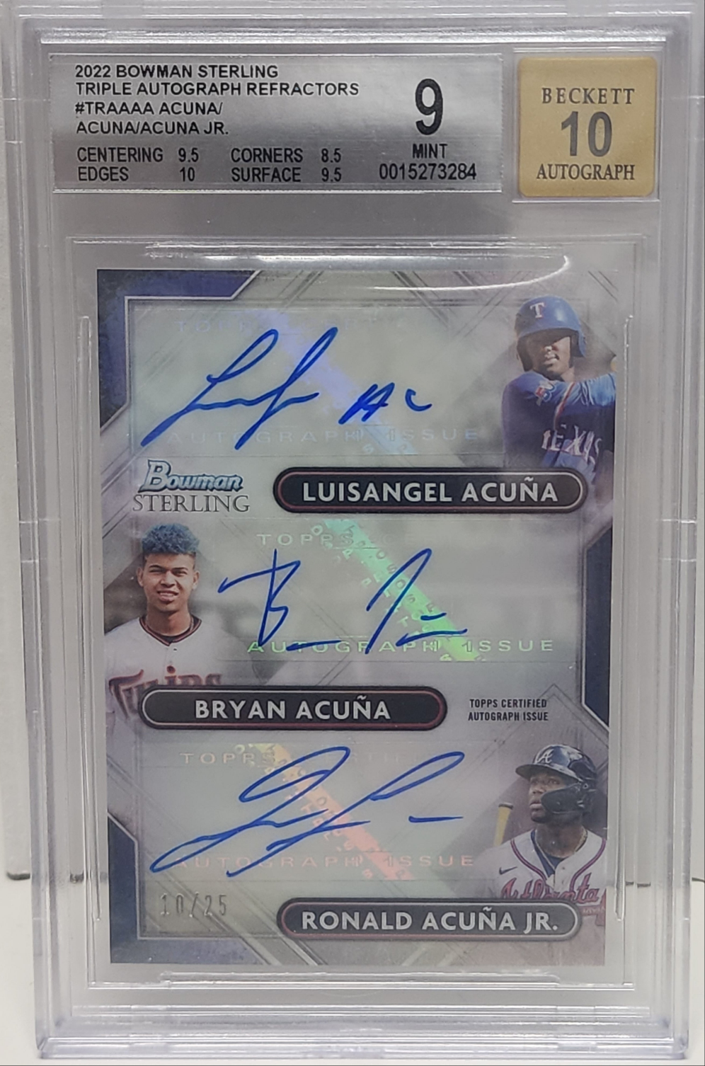 Luisangel Bryan and Ronald Acuna Jr. 2022 Bowman Sterling Triple Auto #10/25 BGS 9 Auto 10