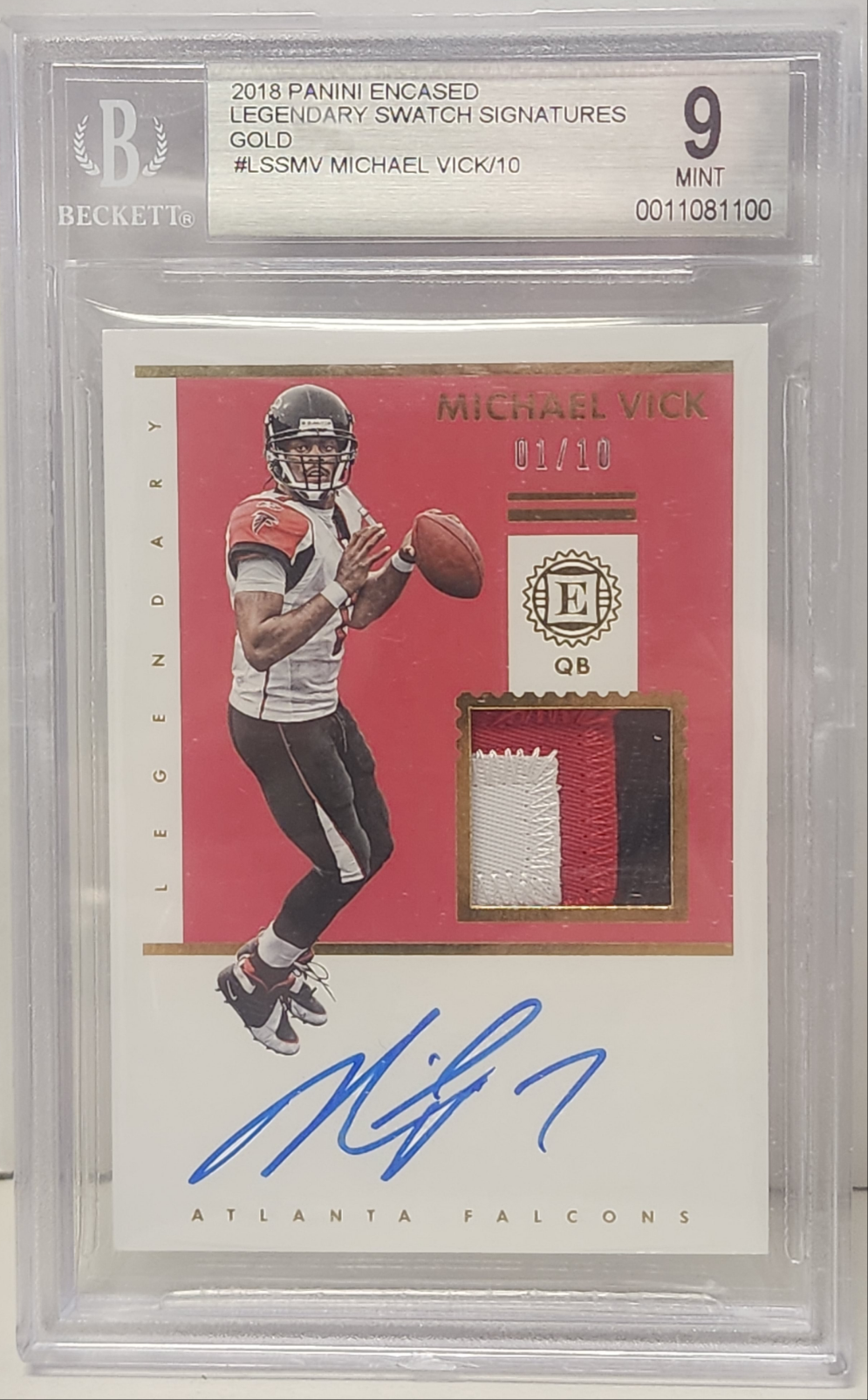 Mike Vick Sticker Michael Vick 2018 Panini Encased Gold Patch Auto #1/10 BGS 9 Mint ...