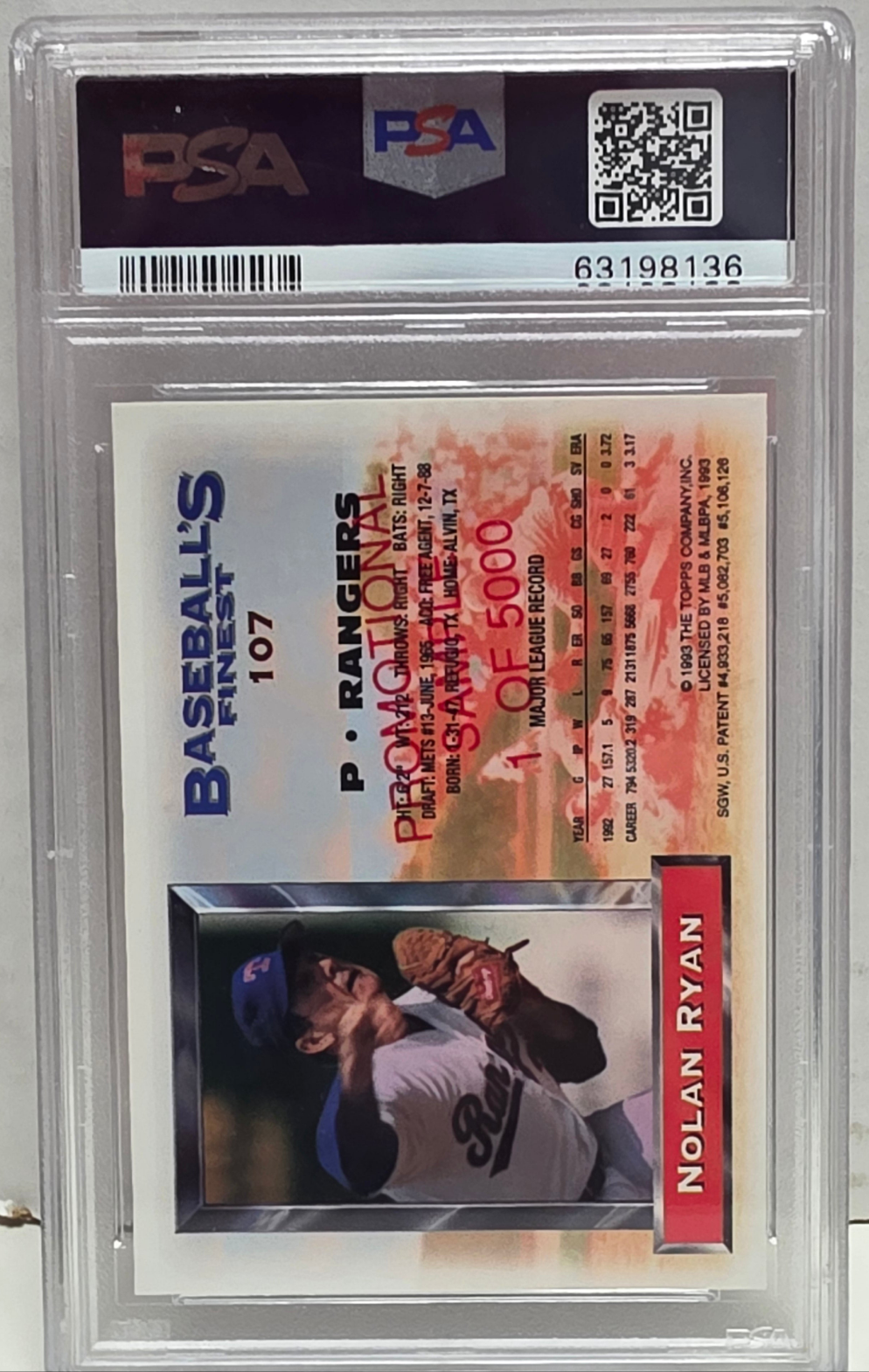 Nolan Ryan 1993 Topps Finest Promo #107 PSA 10 Gem Mint