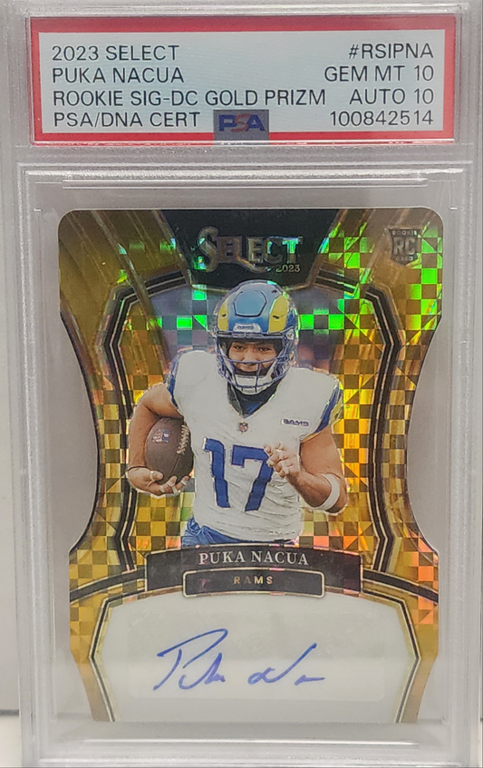 Puka Nacua 2023 Panini Select Rookie Signatures Gold Die-Cut Auto #9/10 PSA 10 Auto 10