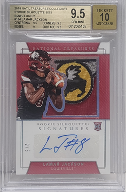 Lamar Jackson 2018 National Treasures Collegiate Bowl Logo Patch Auto #2/5 BGS 9.5 Auto 10