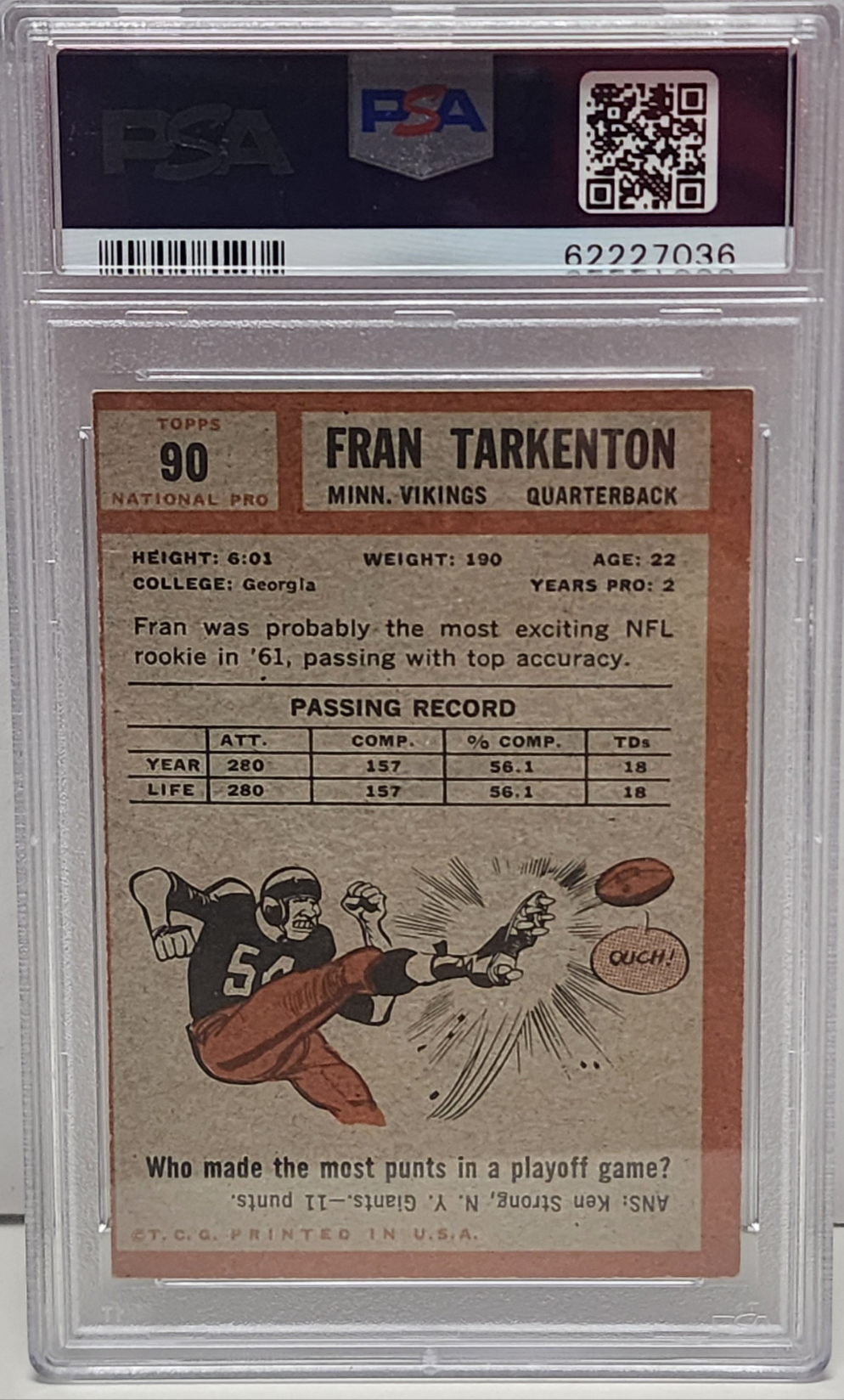 Fran Tarkenton 1962 Topps RC #90 PSA 4 Vg-Ex 7036
