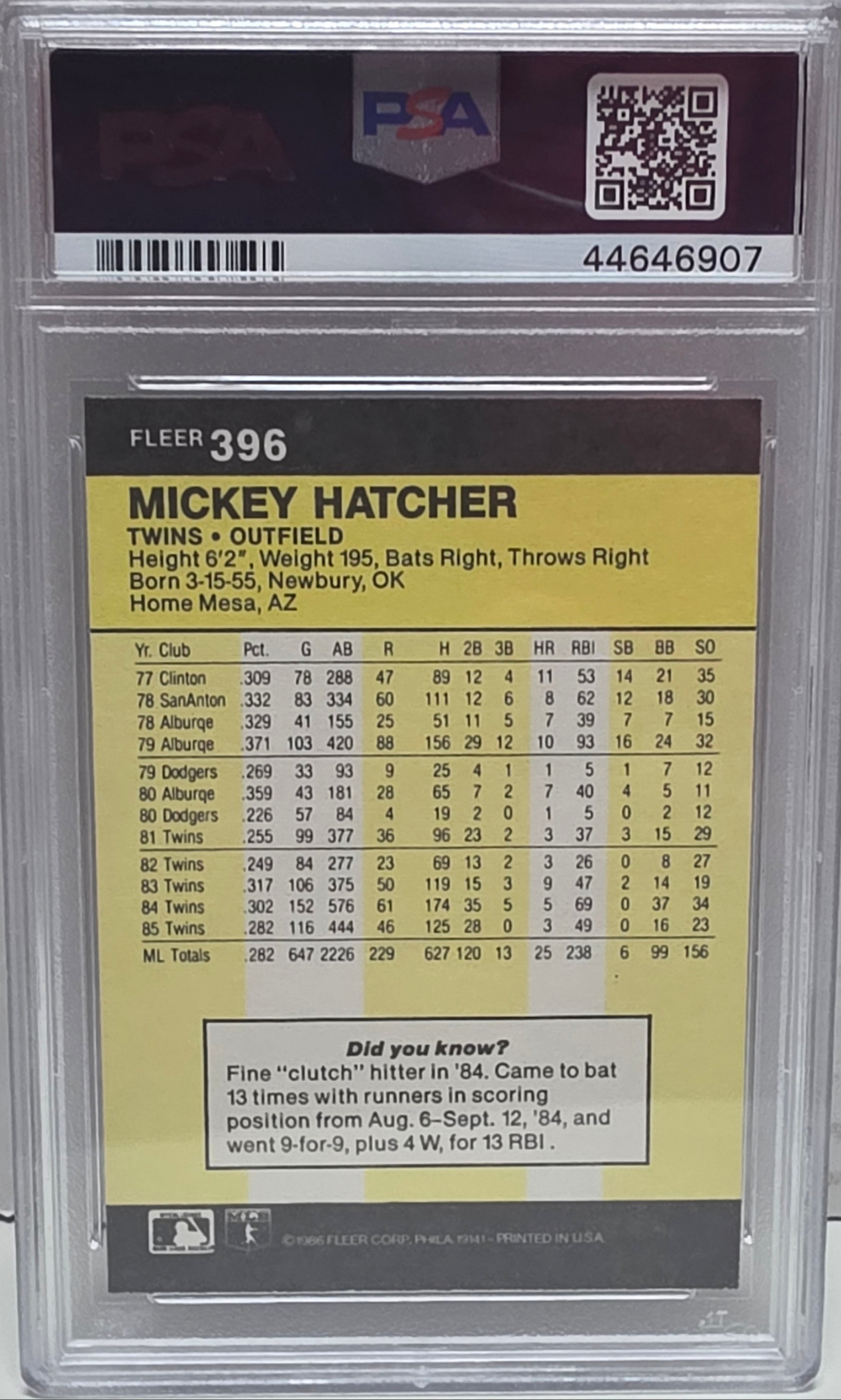 Mickey Hatcher 1986 Fleer #386 Big Glove PSA 9 Mint