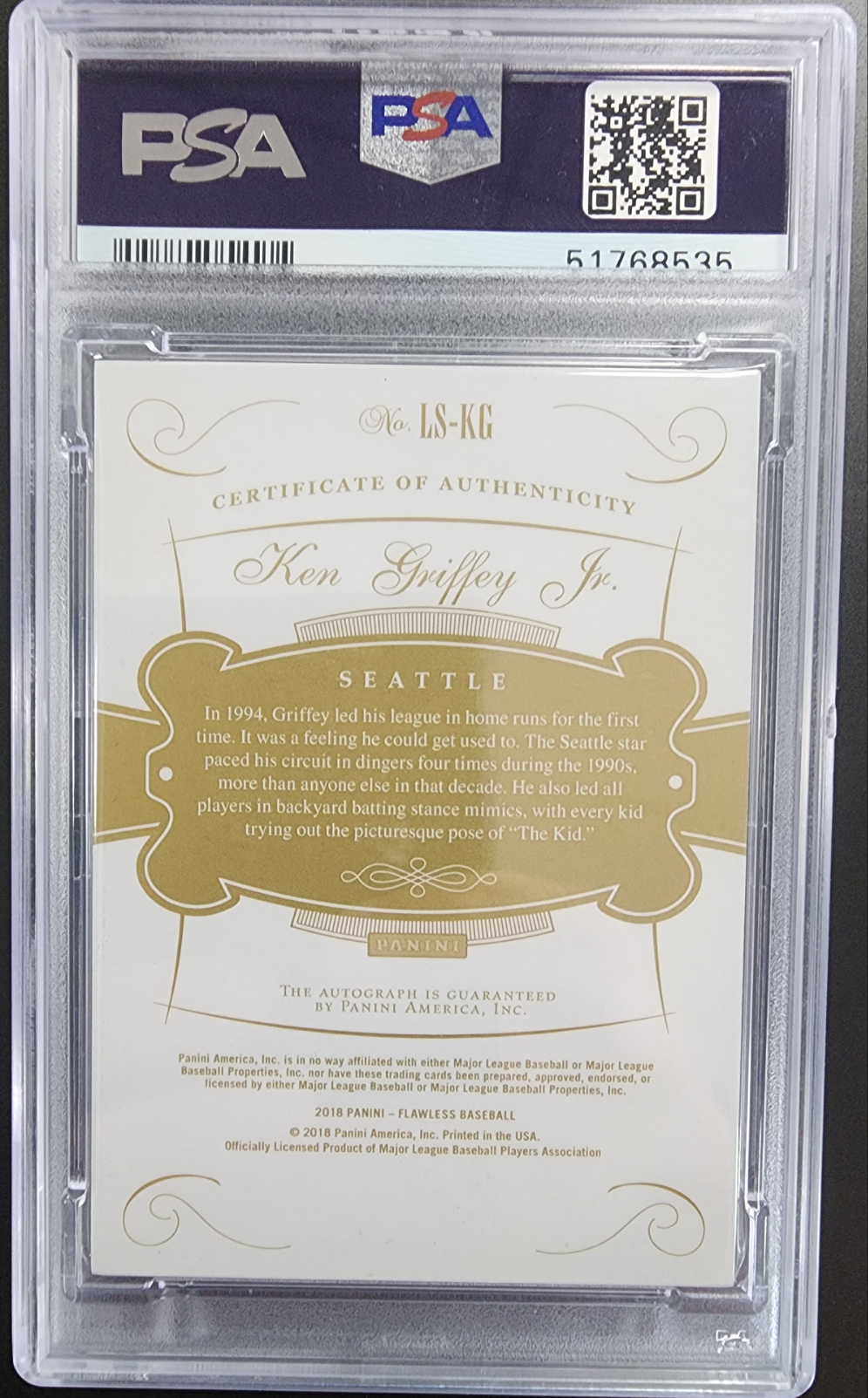Ken Griffey Jr. 2018 Panini Flawless Legendary Signatures Sapphire #2/5 PSA 9 Mint