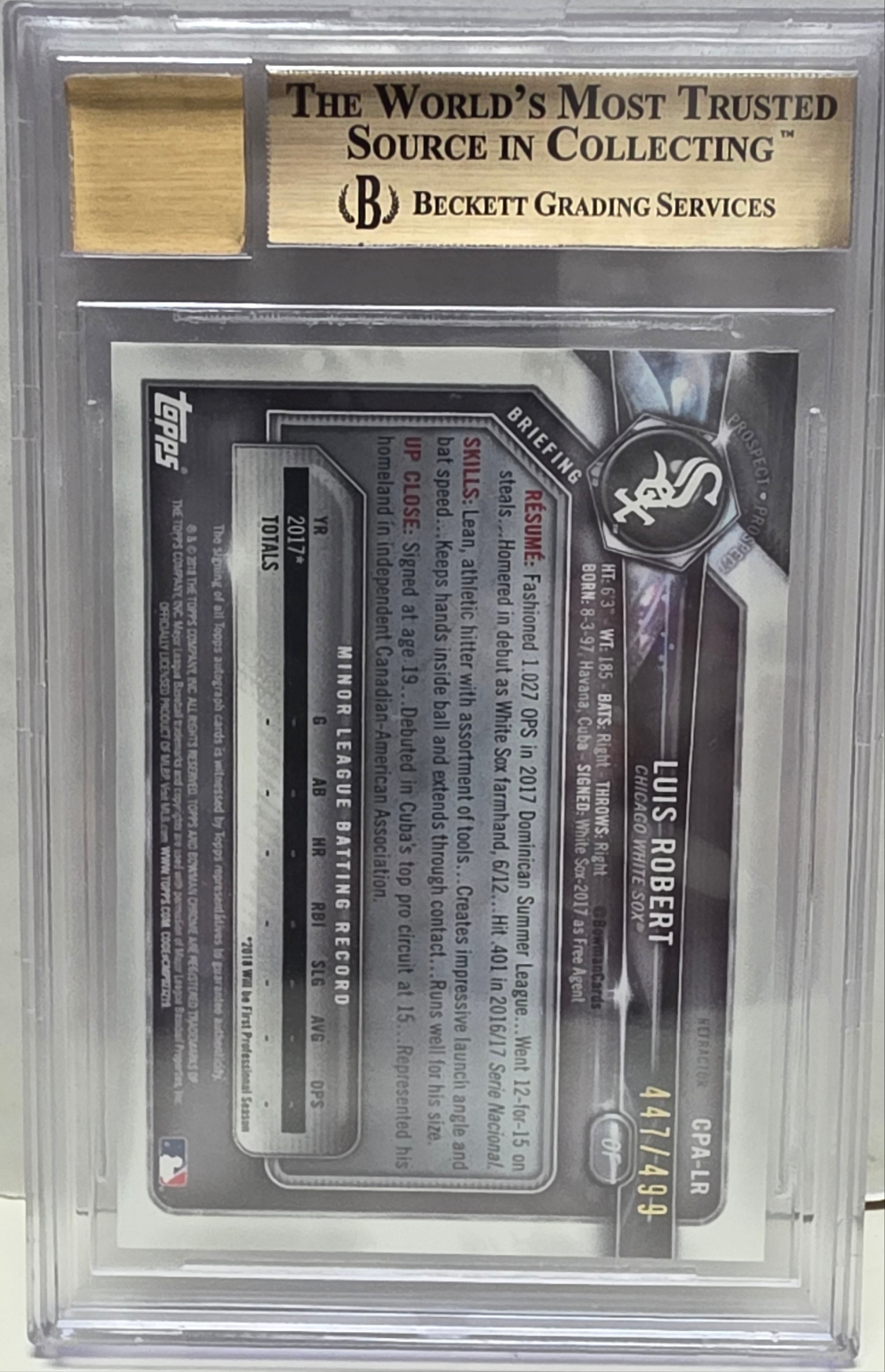 Luis Robert 2018 Bowman Chrome Refractor Auto #447/499 BGS 9.5 Gem Mint Auto 10