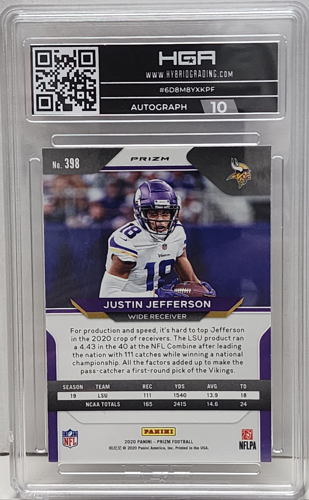 Justin Jefferson 2020 Panini Prizm Red White Blue Prizm Rookie Auto HGA Auth