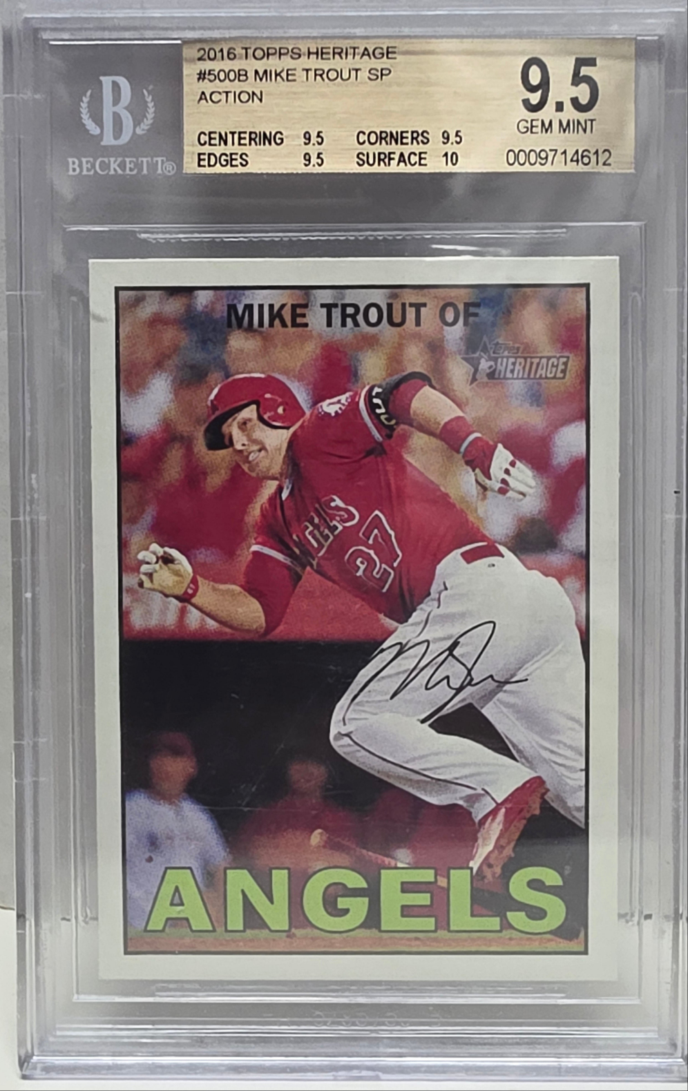 Mike Trout 2016 Topps Heritage Action SP #500 BGS 9.5 Gem Mint