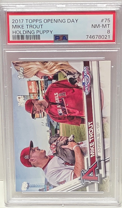 Mike Trout 2017 Topps Opening Day Holding Puppy SP PSA 8 Nm-Mint