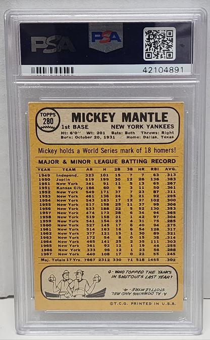 Mickey Mantle 1968 Topps #280 PSA 4 Vg-Ex 4891