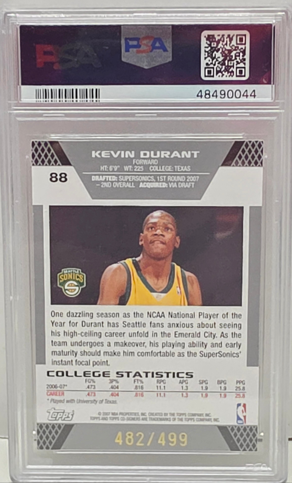 Kevin Durant 2007 Topps Co-Signers Rookie #88 #482/499 PSA 9 Mint