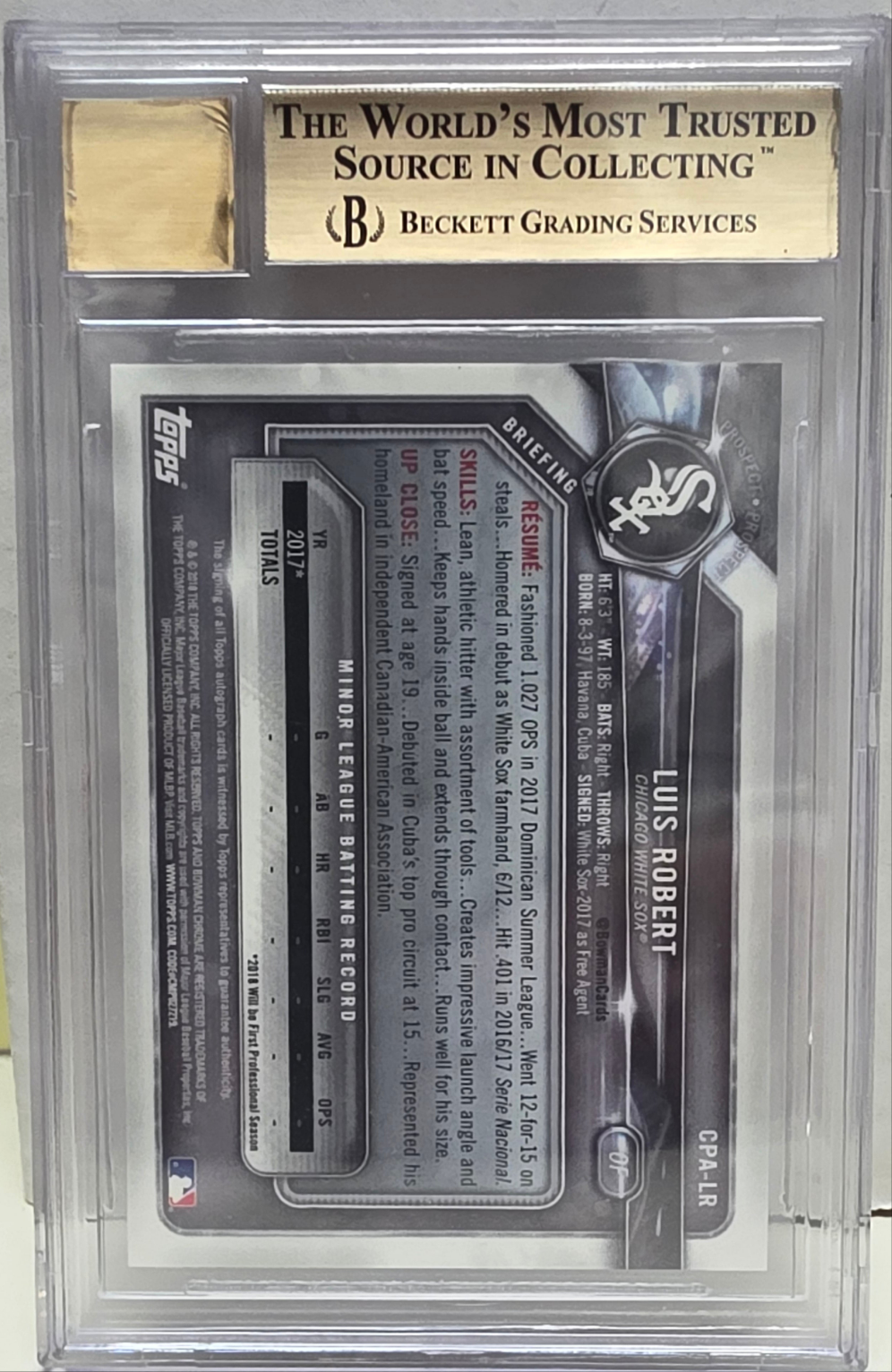 Luis Robert 2018 Bowman Chrome Auto BGS 9.5 Gem Mint Auto 10