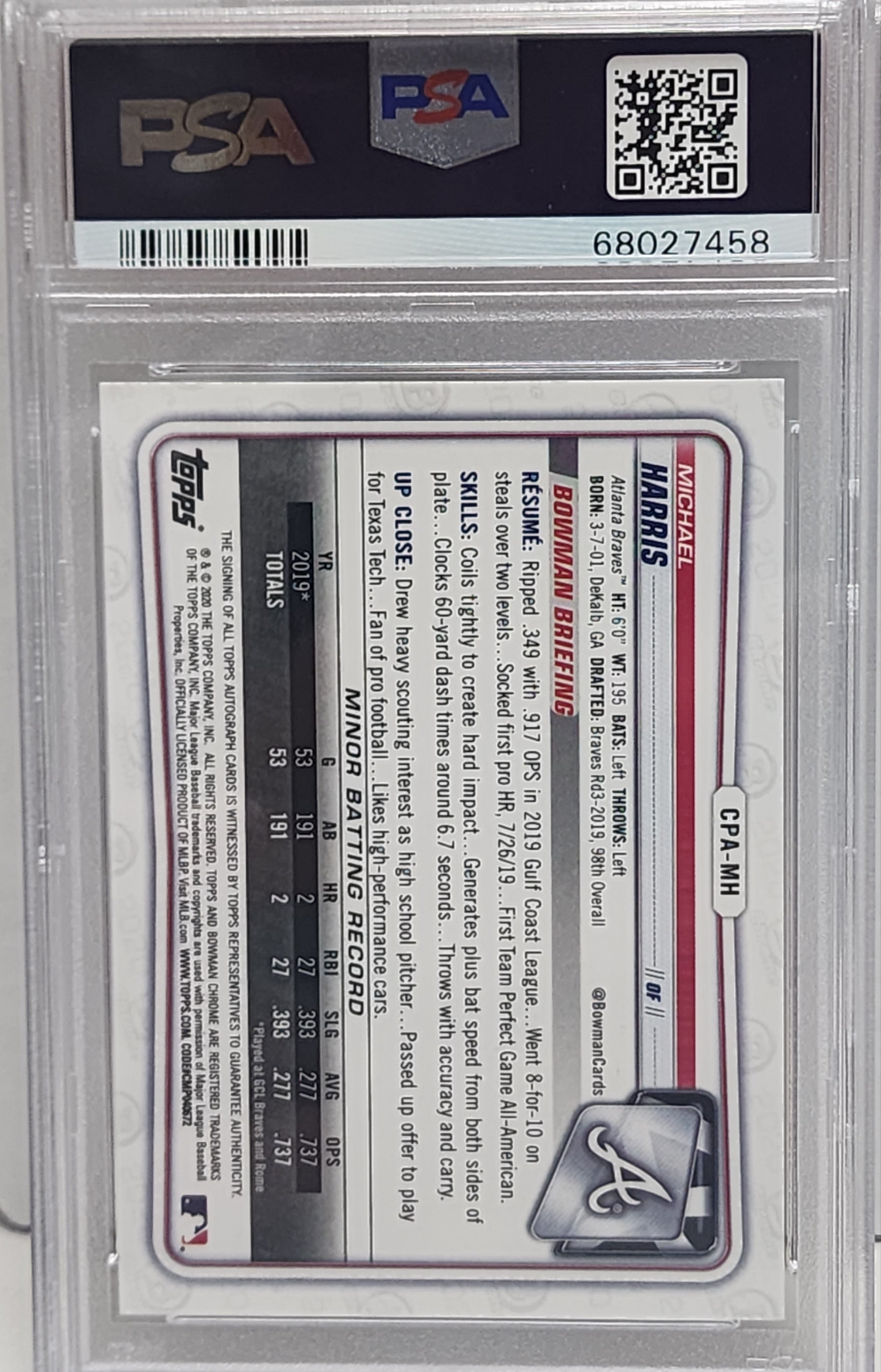 Michael Harris 2020 Bowman Chrome Auto PSA 10 Gem Mint 7458