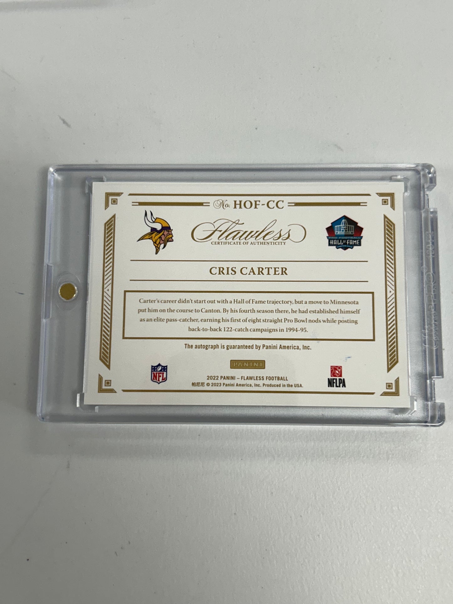 Cris Carter 2022 Panini Flawless Hall of Fame Gold Auto #9/15